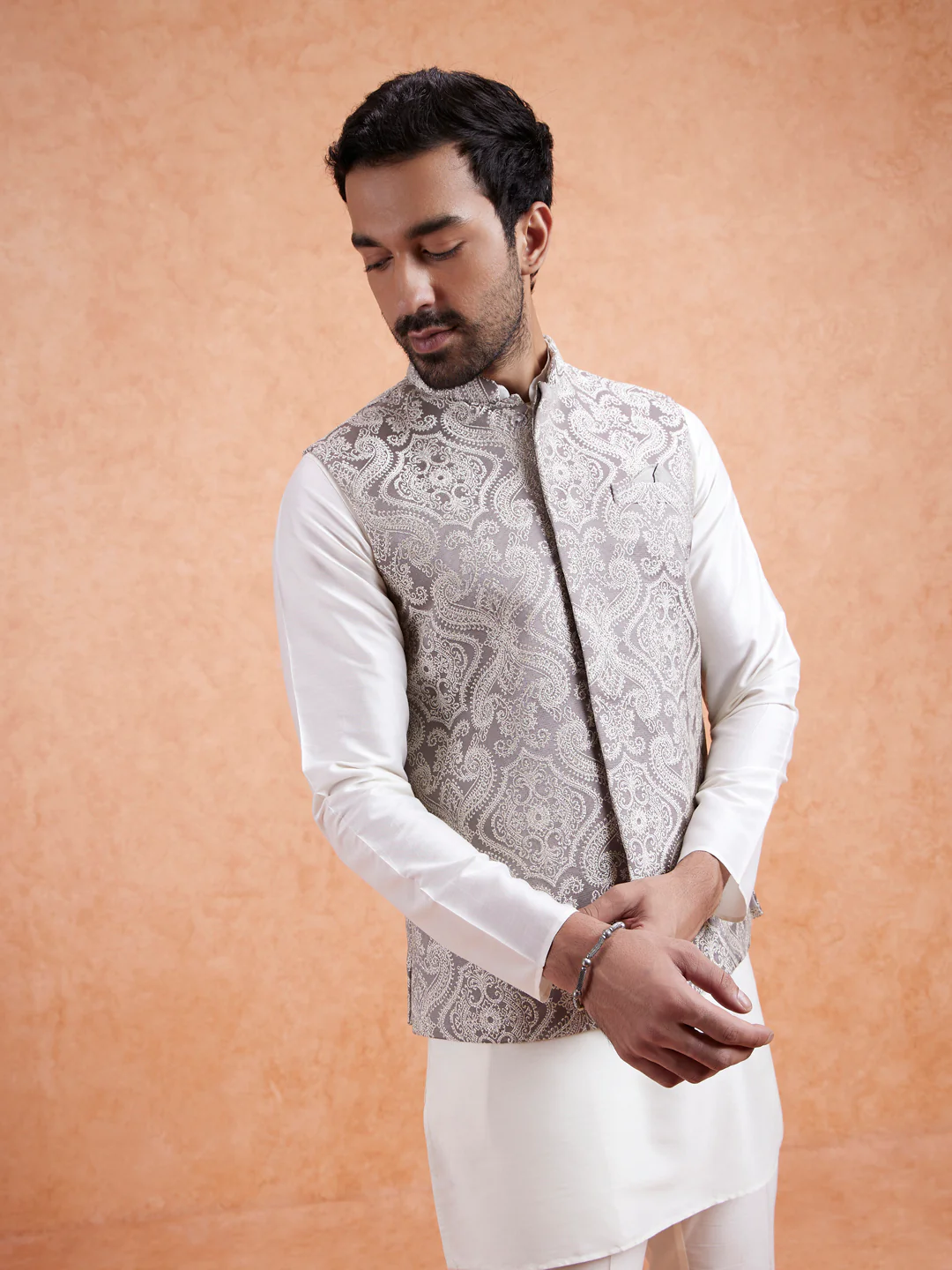 Cream Paisley Jacquard Kurta Jacket Set - Image 8