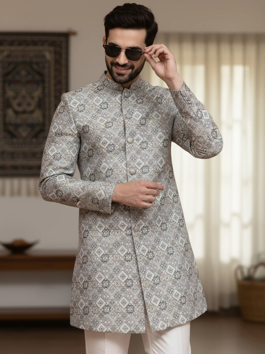 Grey Mint Textured Sherwani Trouser Set - Image 2