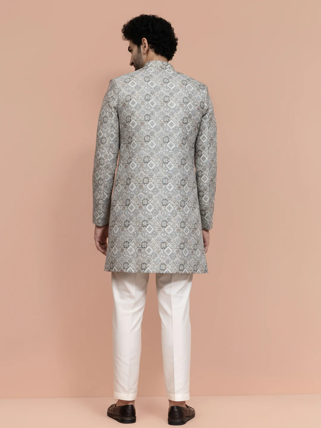 Grey Mint Textured Sherwani Trouser Set - Image 3