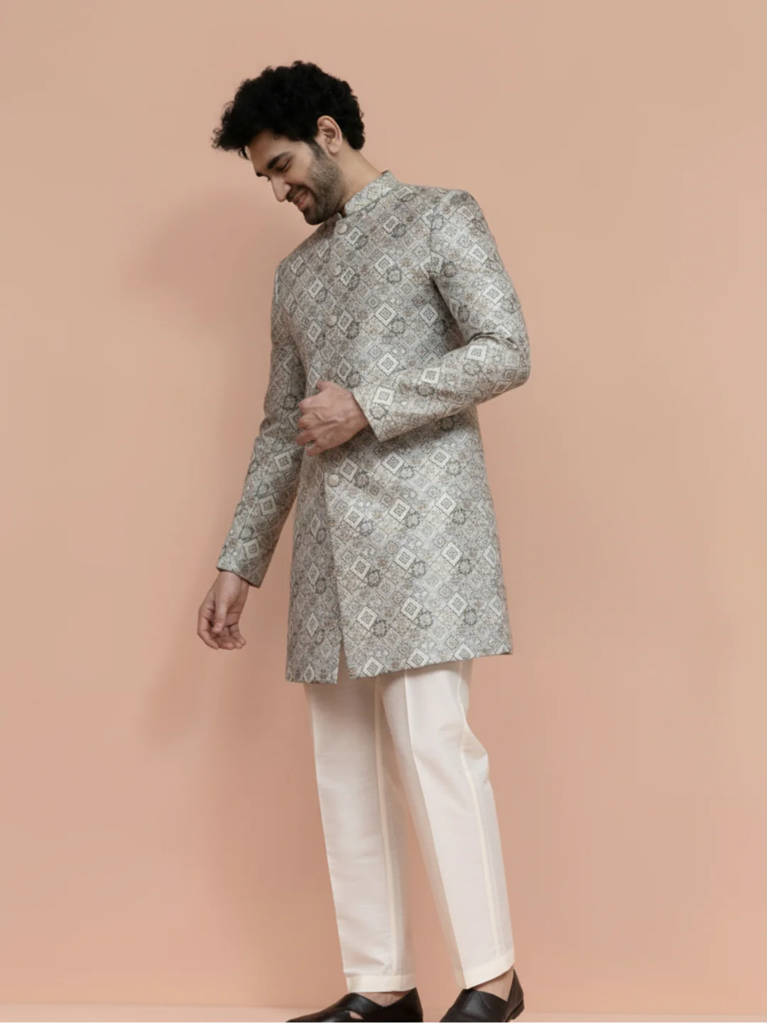 Grey Mint Textured Sherwani Trouser Set - Image 6