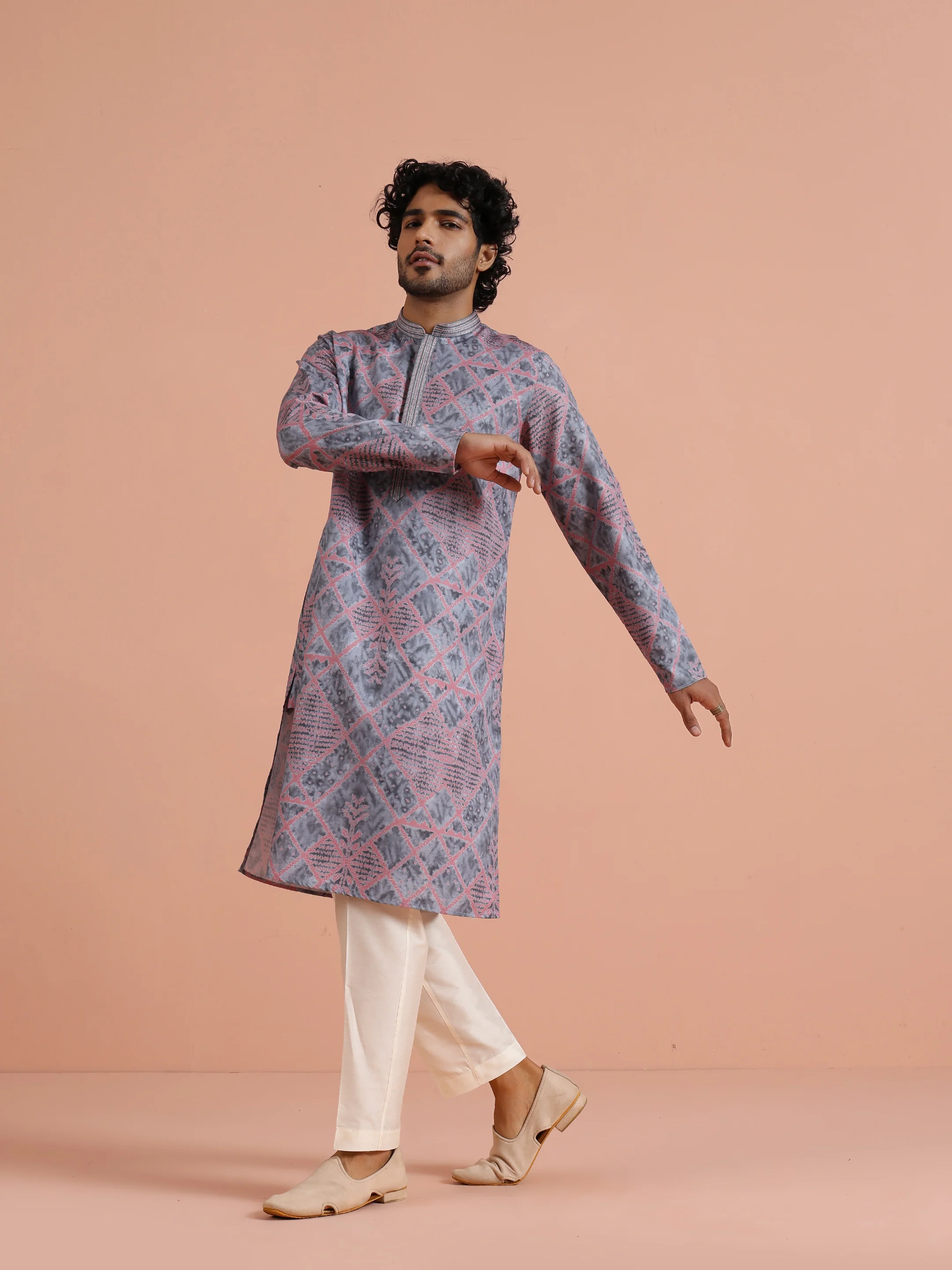 Grey Pink Printed Kurta Trouser - Image 2