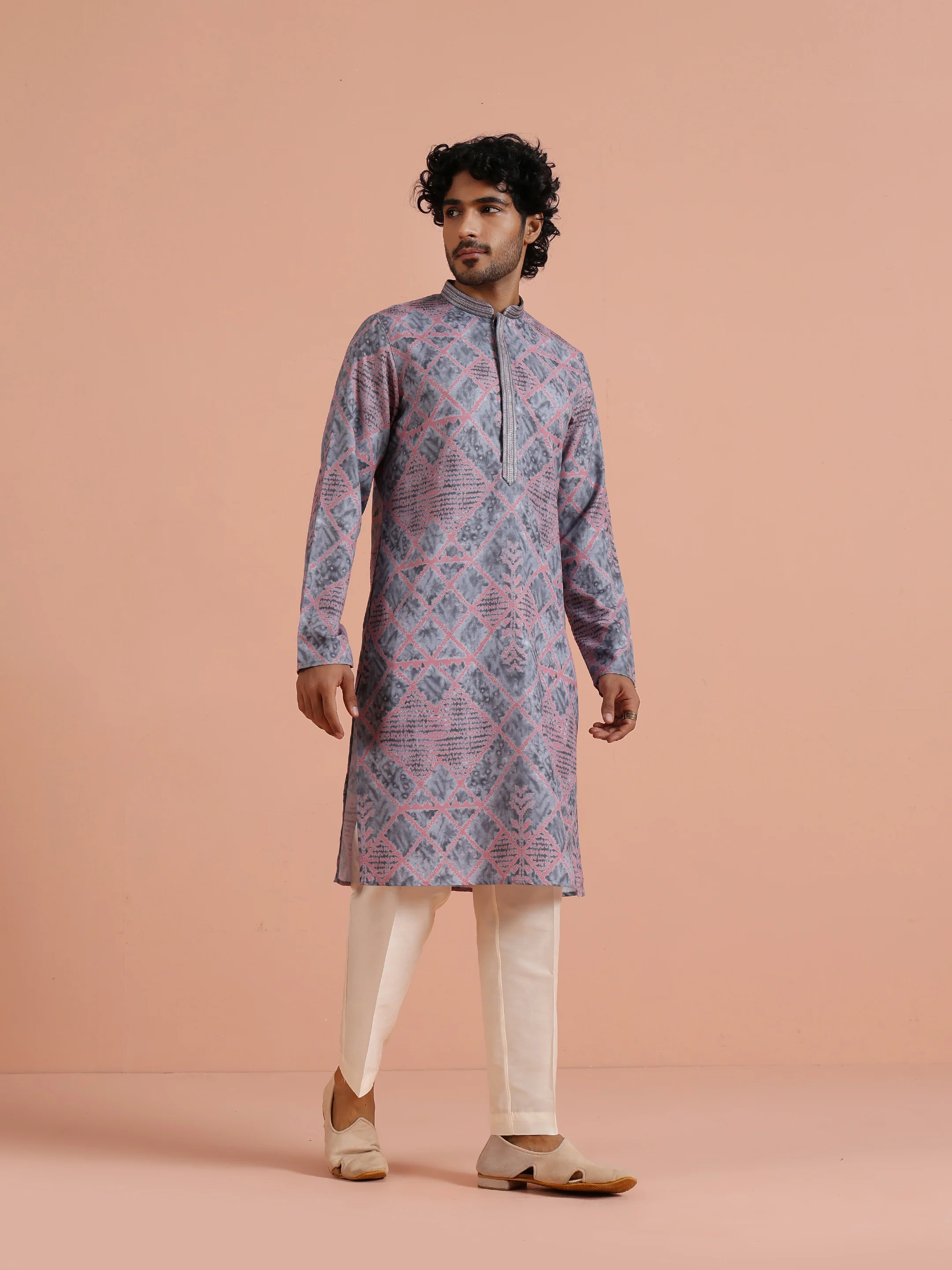 Grey Pink Printed Kurta Trouser - Image 3
