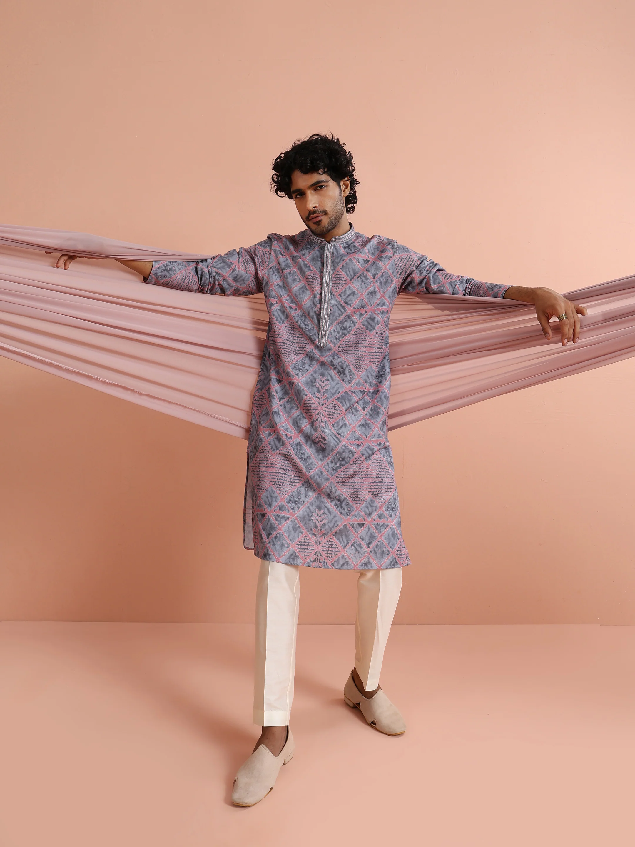 Grey Pink Printed Kurta Trouser - Image 9