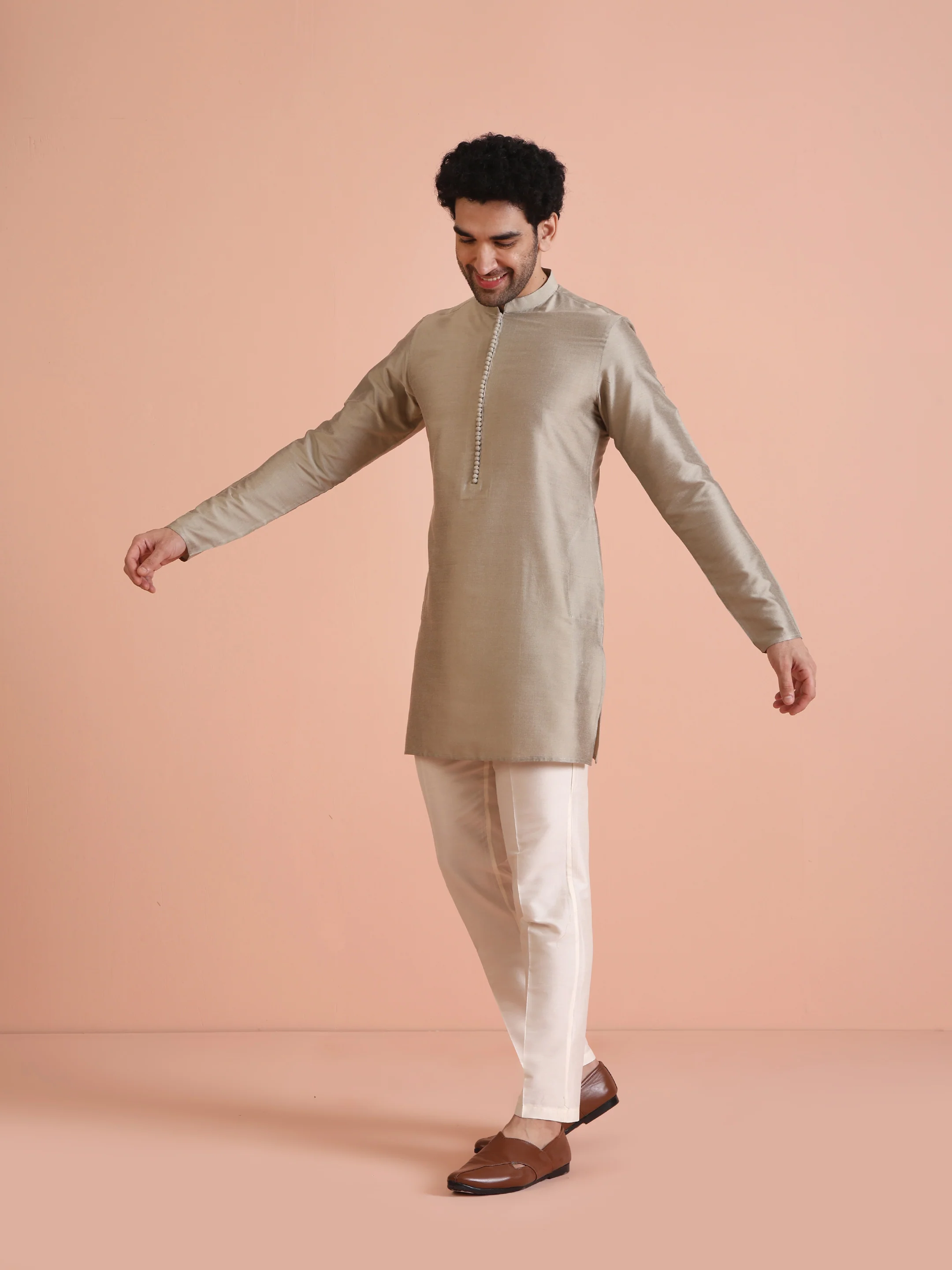 Grey Poly Silk Embellished Kurta Trouser Set - Image 2