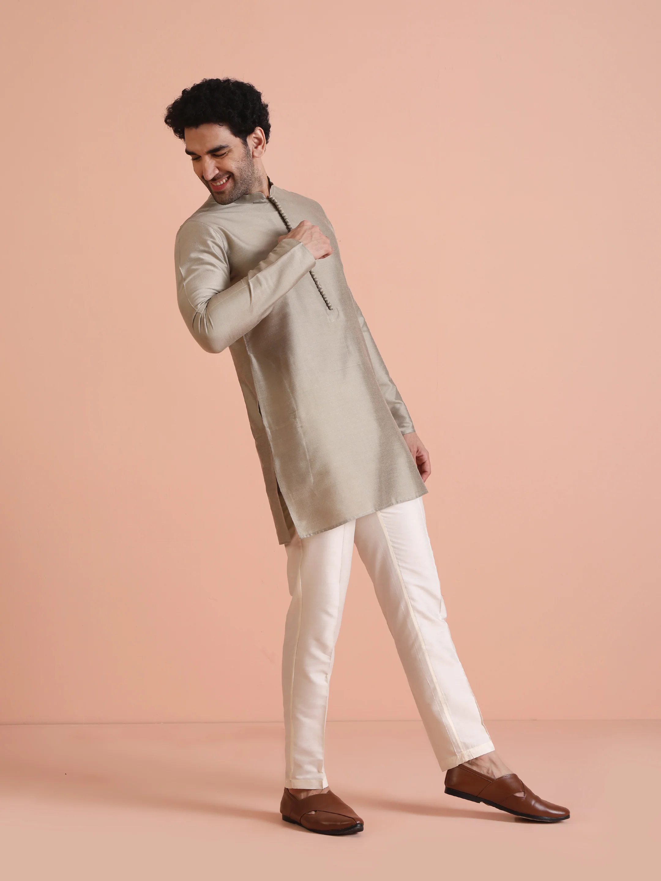 Grey Poly Silk Embellished Kurta Trouser Set - Image 3