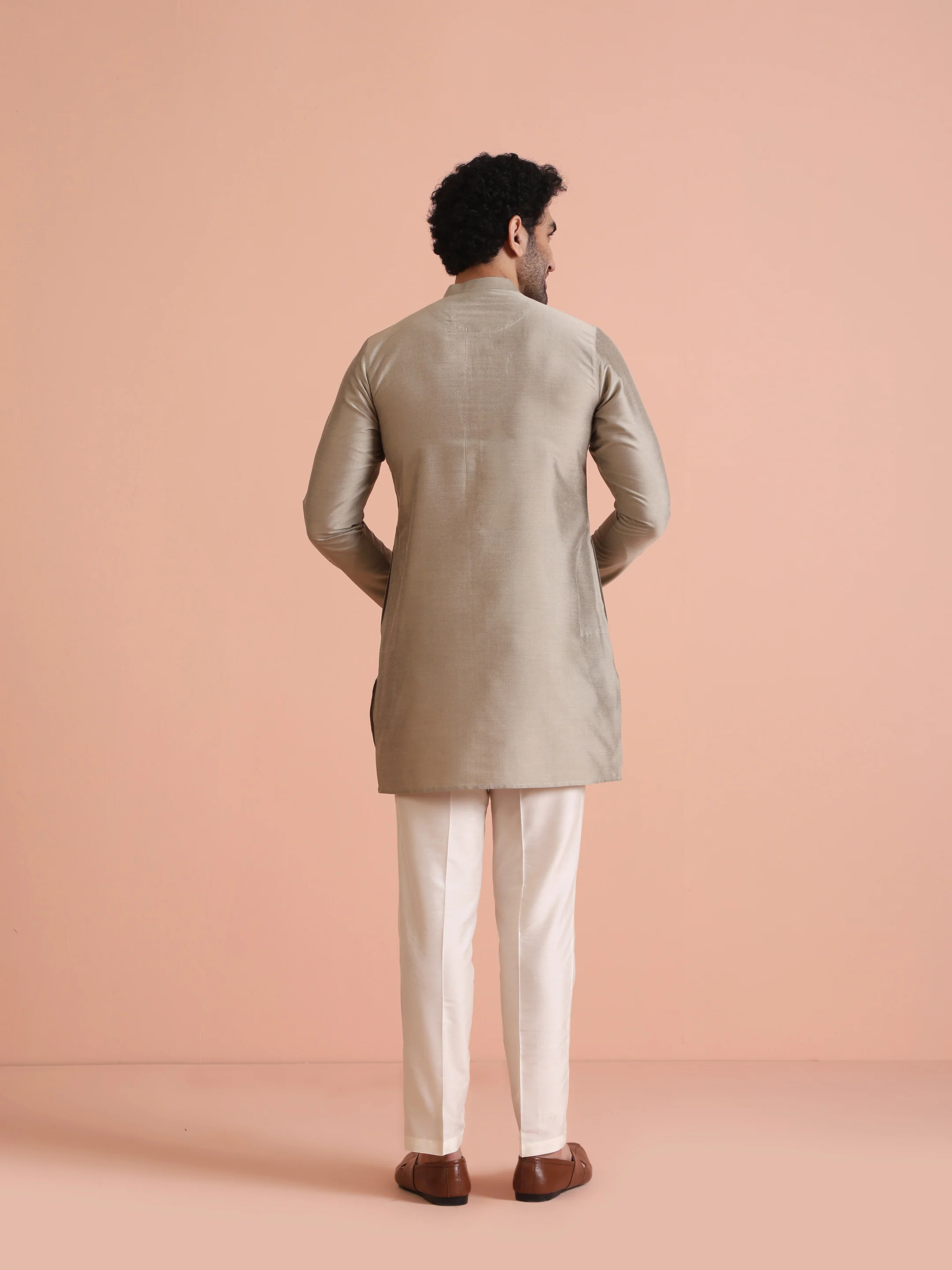 Grey Poly Silk Embellished Kurta Trouser Set - Image 4