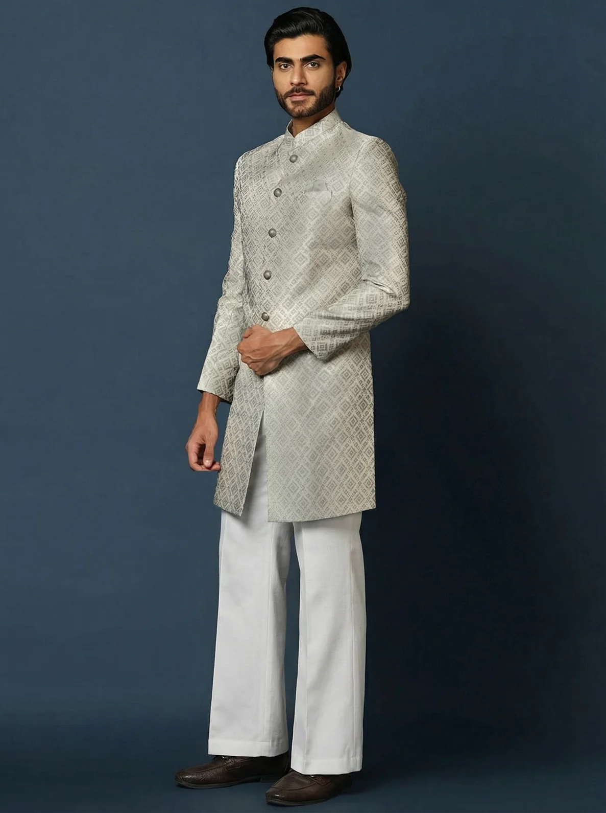 Grey Silk Blend Jacquard Sherwani Wide Leg Trouser Set