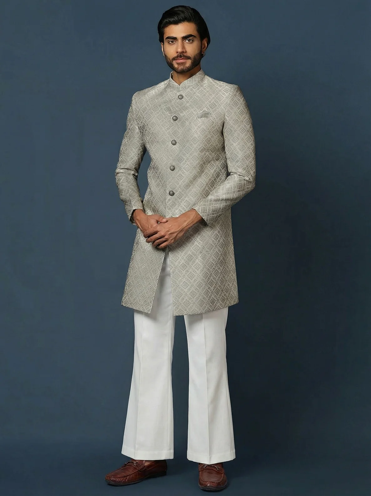 Grey Silk Blend Jacquard Sherwani Wide Leg Trouser Set - Image 2
