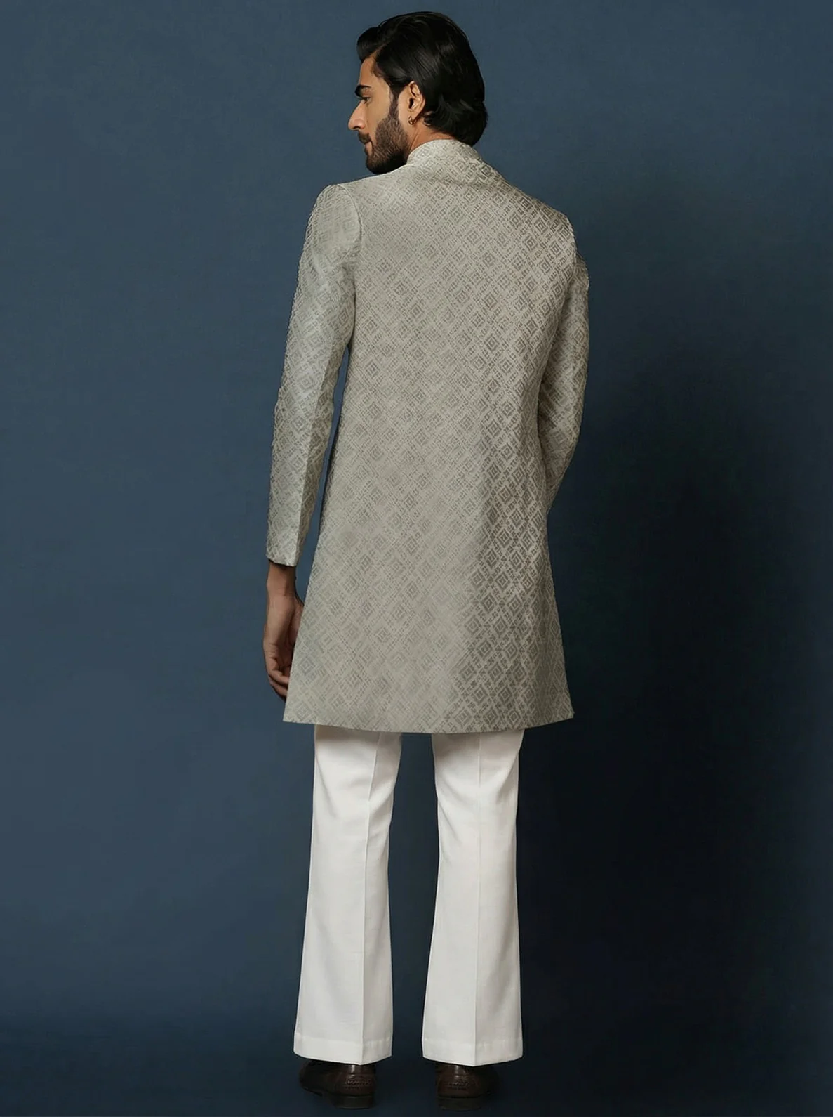 Grey Silk Blend Jacquard Sherwani Wide Leg Trouser Set - Image 3