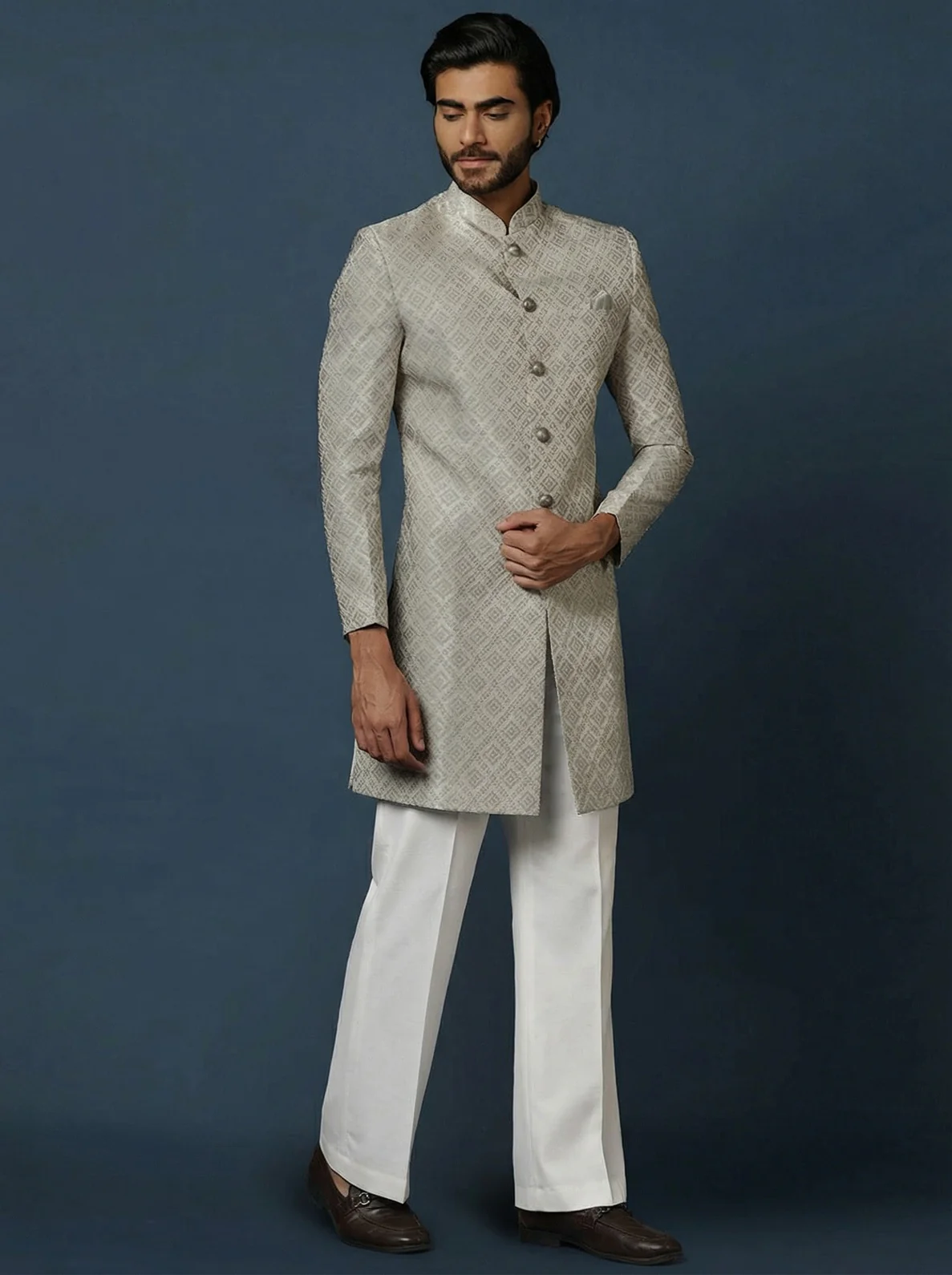Grey Silk Blend Jacquard Sherwani Wide Leg Trouser Set - Image 6