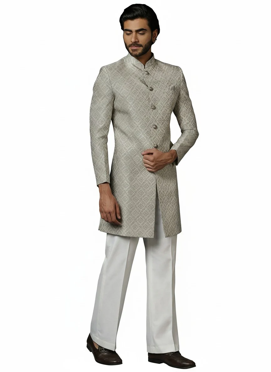 Grey Silk Blend Jacquard Sherwani Wide Leg Trouser Set - Image 7