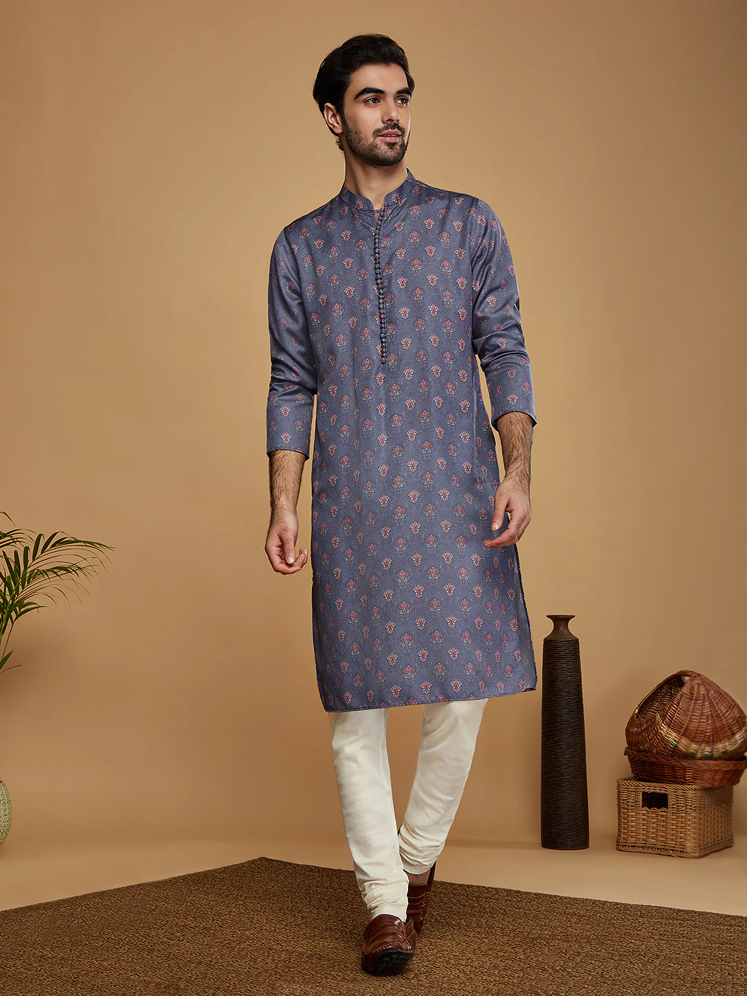 Grey Silk Blend Printed Kurta Churidar Set With Dupatta - Image 5