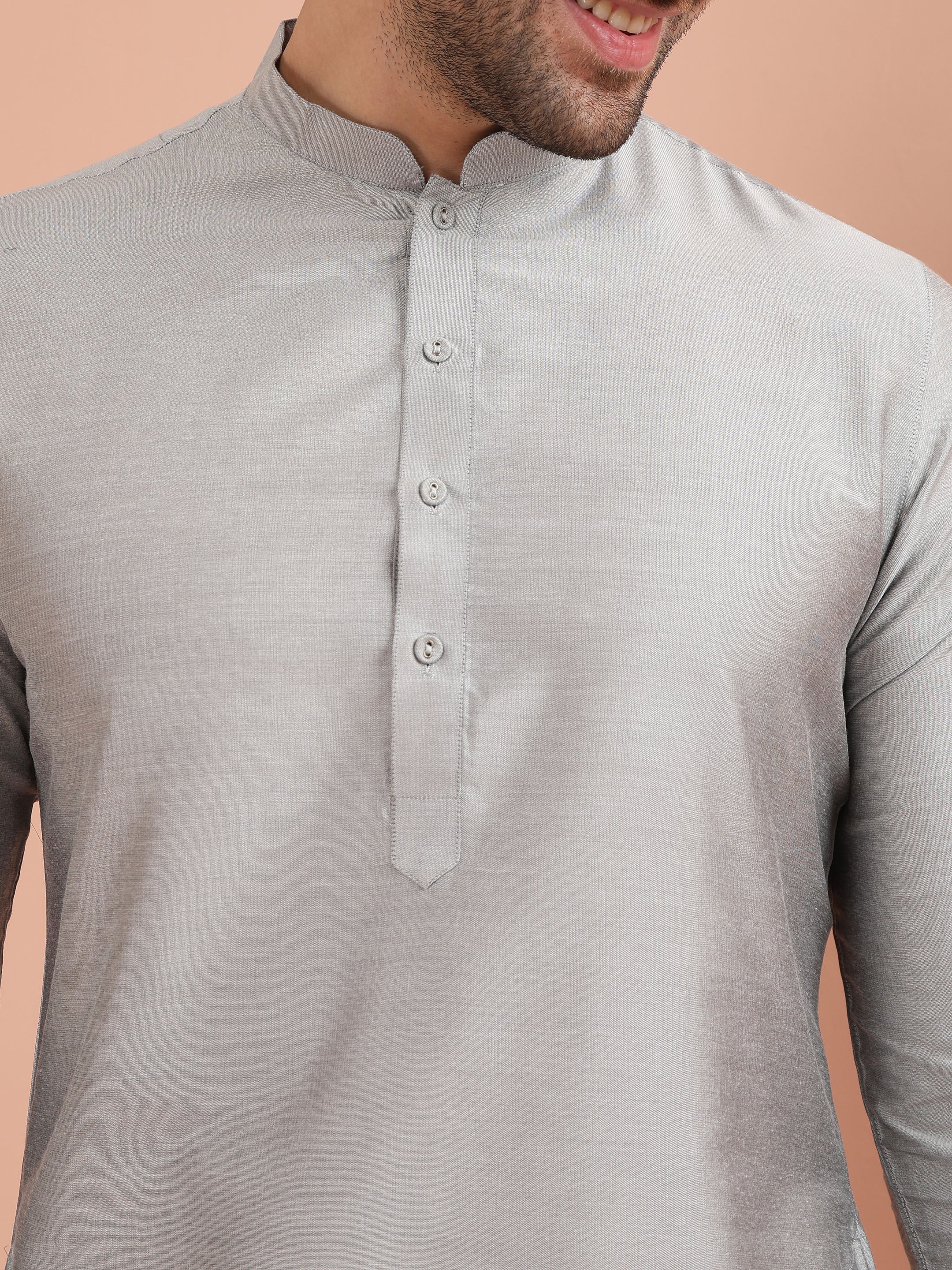 Grey Silk Blend Solid Kurta Trouser Set - Image 5