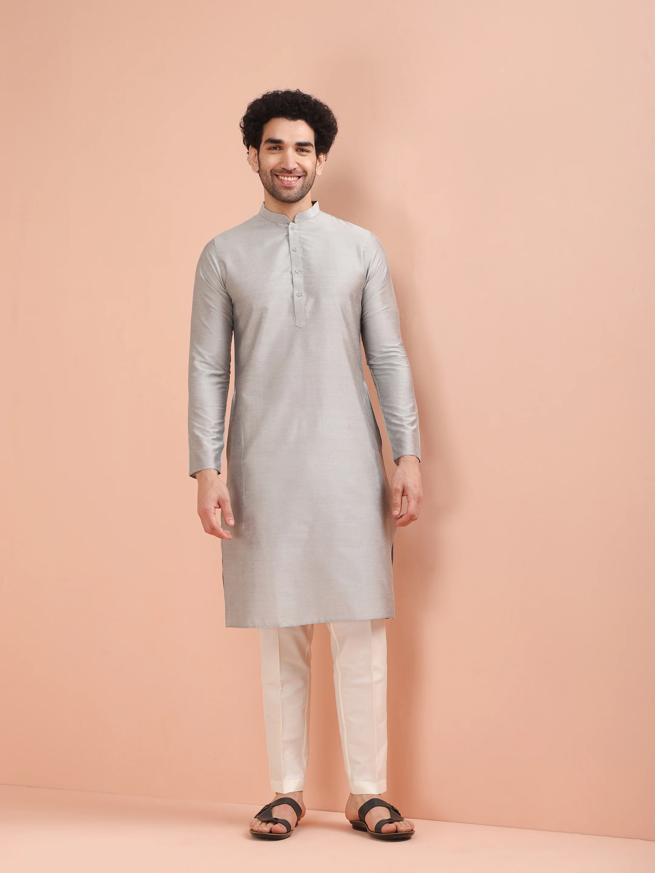 Grey Silk Blend Solid Kurta Trouser Set - Image 8
