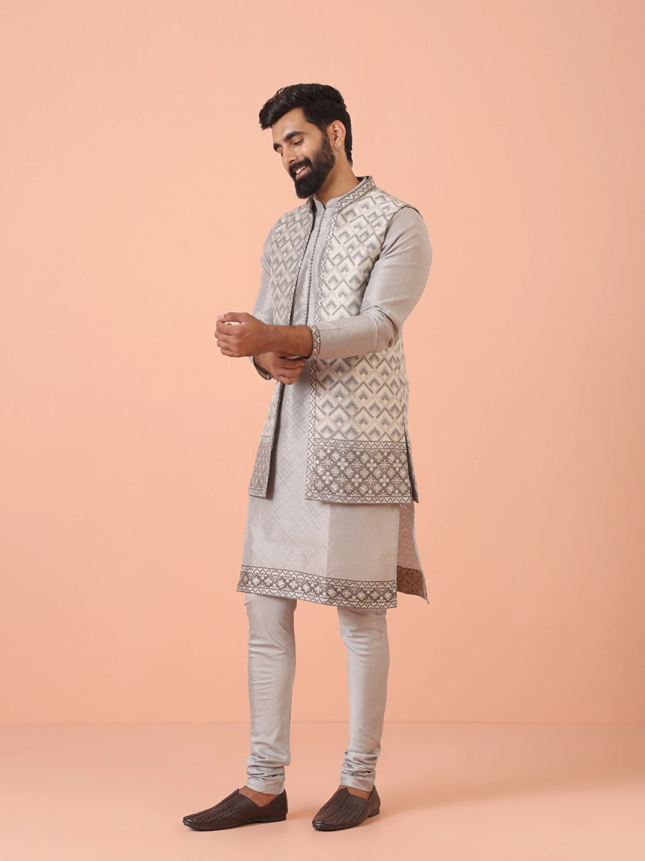 Grey Silk Blend Textured Kurta Front Open Jacket Churidar Set - Image 3