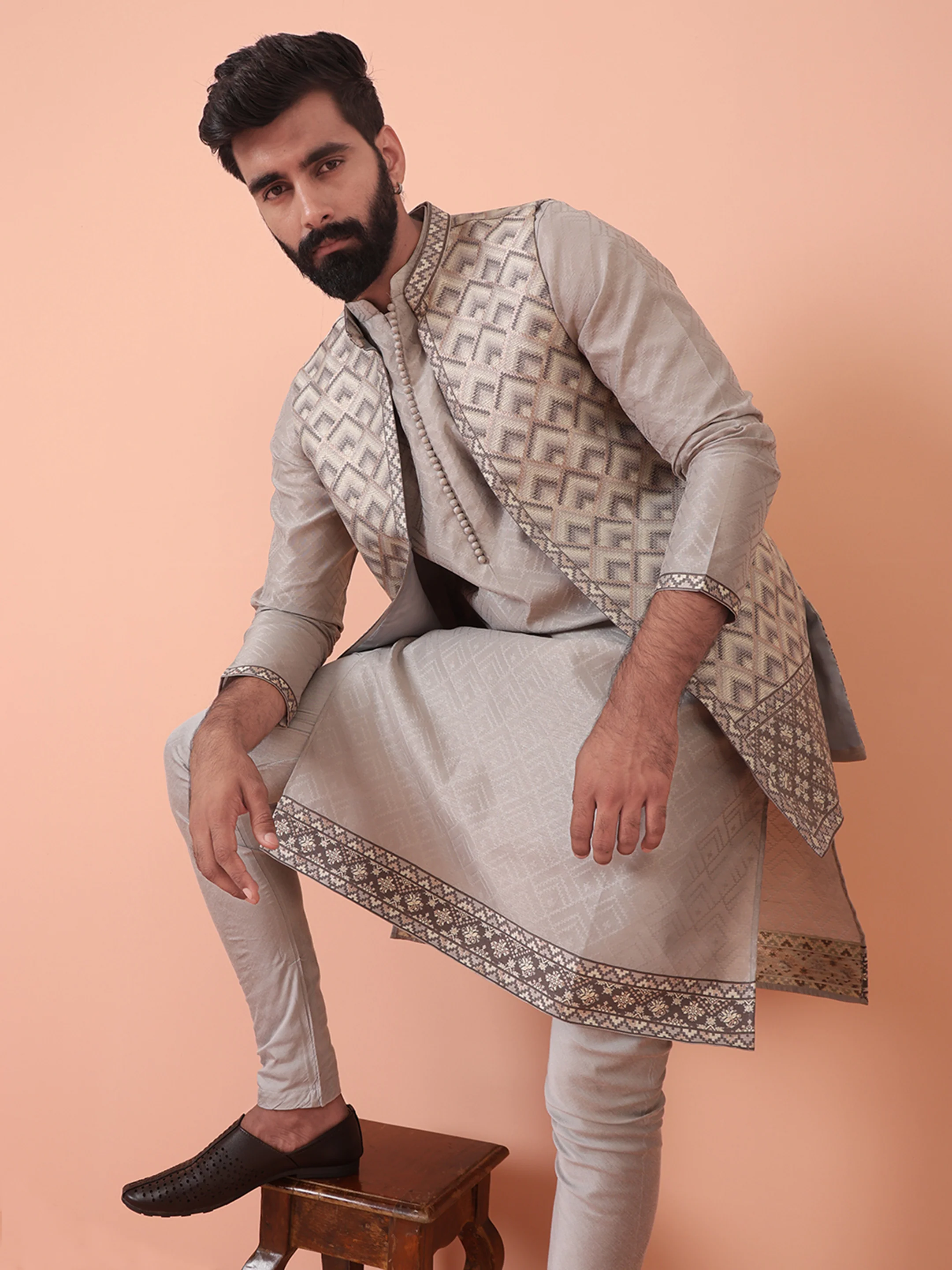 Grey Silk Blend Textured Kurta Front Open Jacket Churidar Set - Image 7