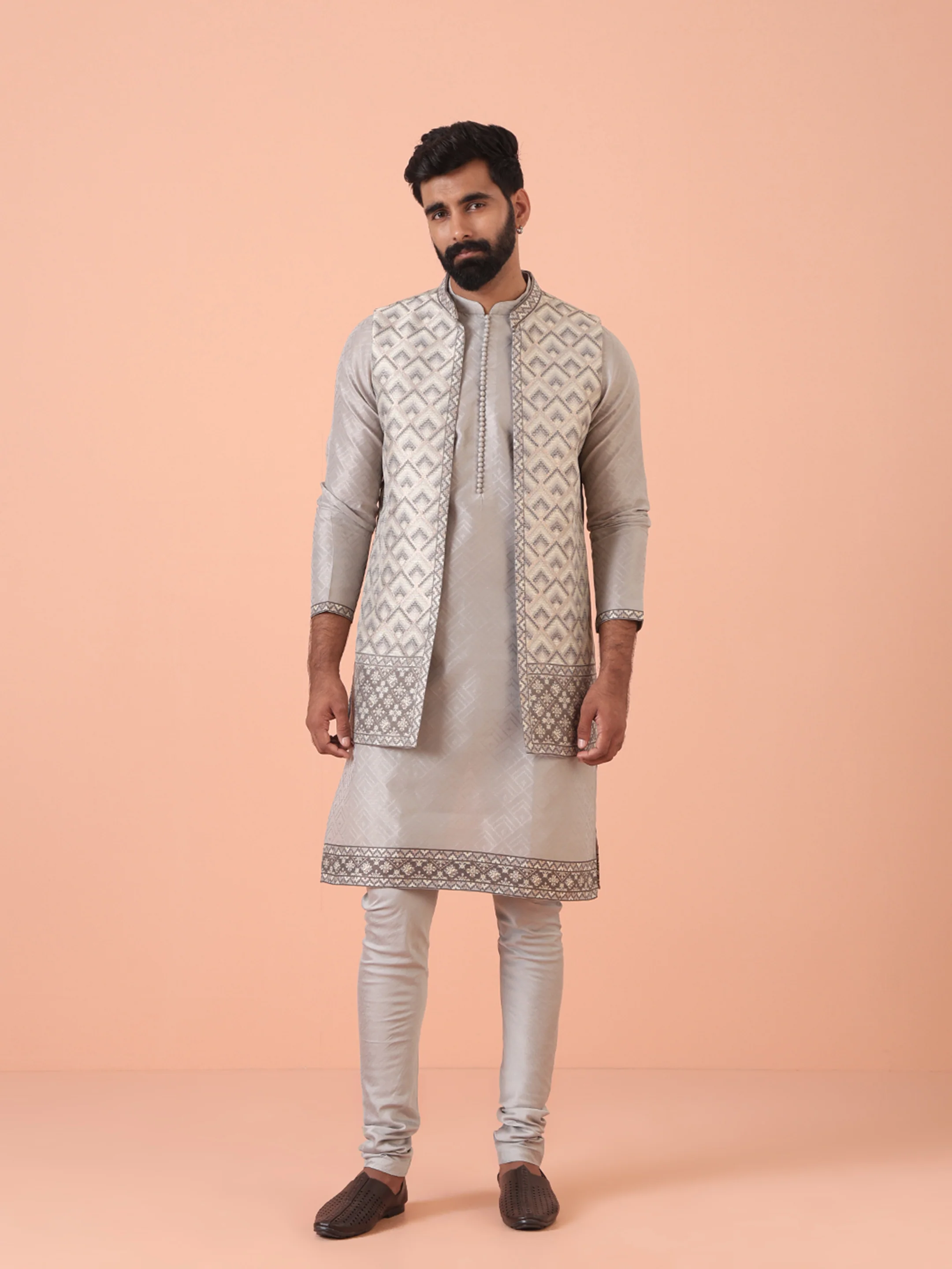 Grey Silk Blend Textured Kurta Front Open Jacket Churidar Set - Image 8