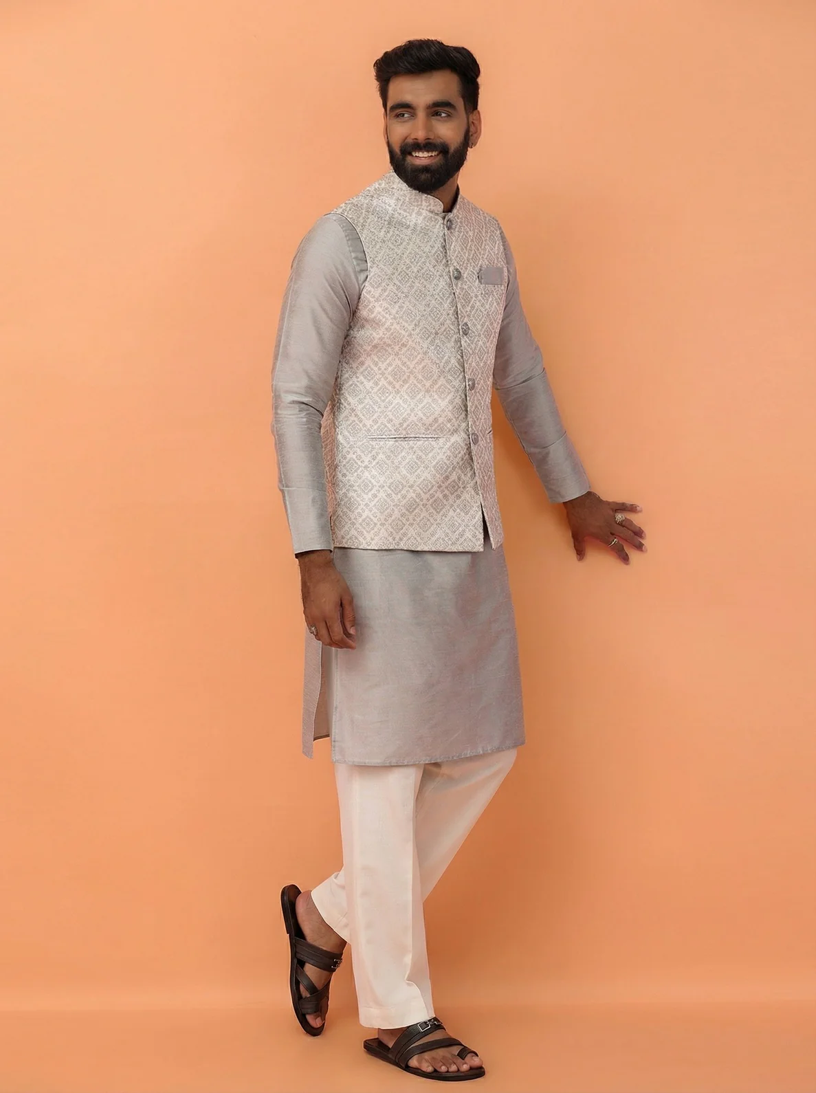 Grey Silk Blend Textured Kurta Jacket Wide Leg Trouser Set