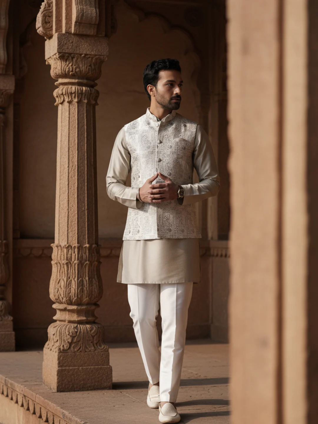 Beige Jacquard Kurta Jacket Set - Image 10