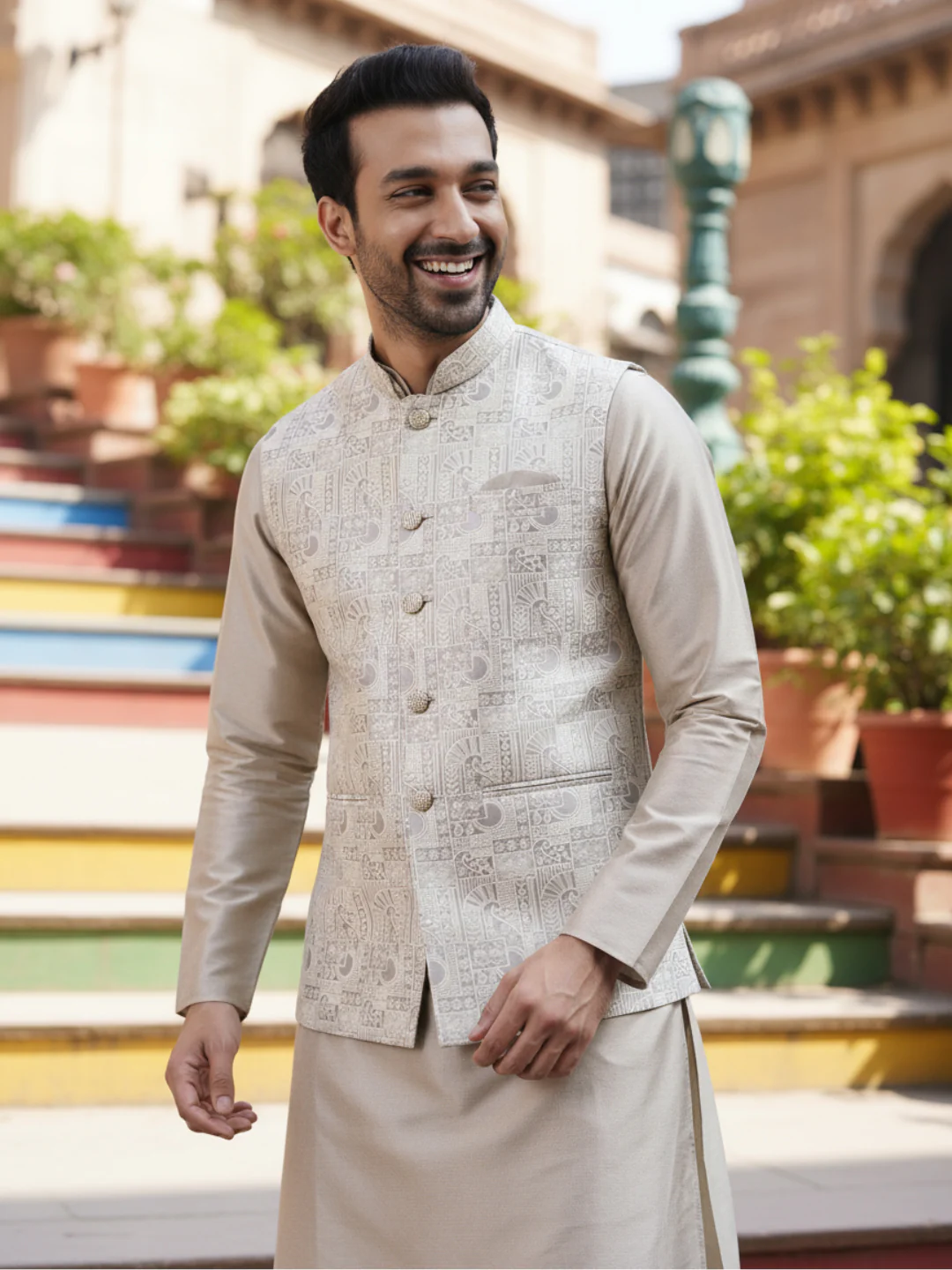 Beige Jacquard Kurta Jacket Set - Image 11
