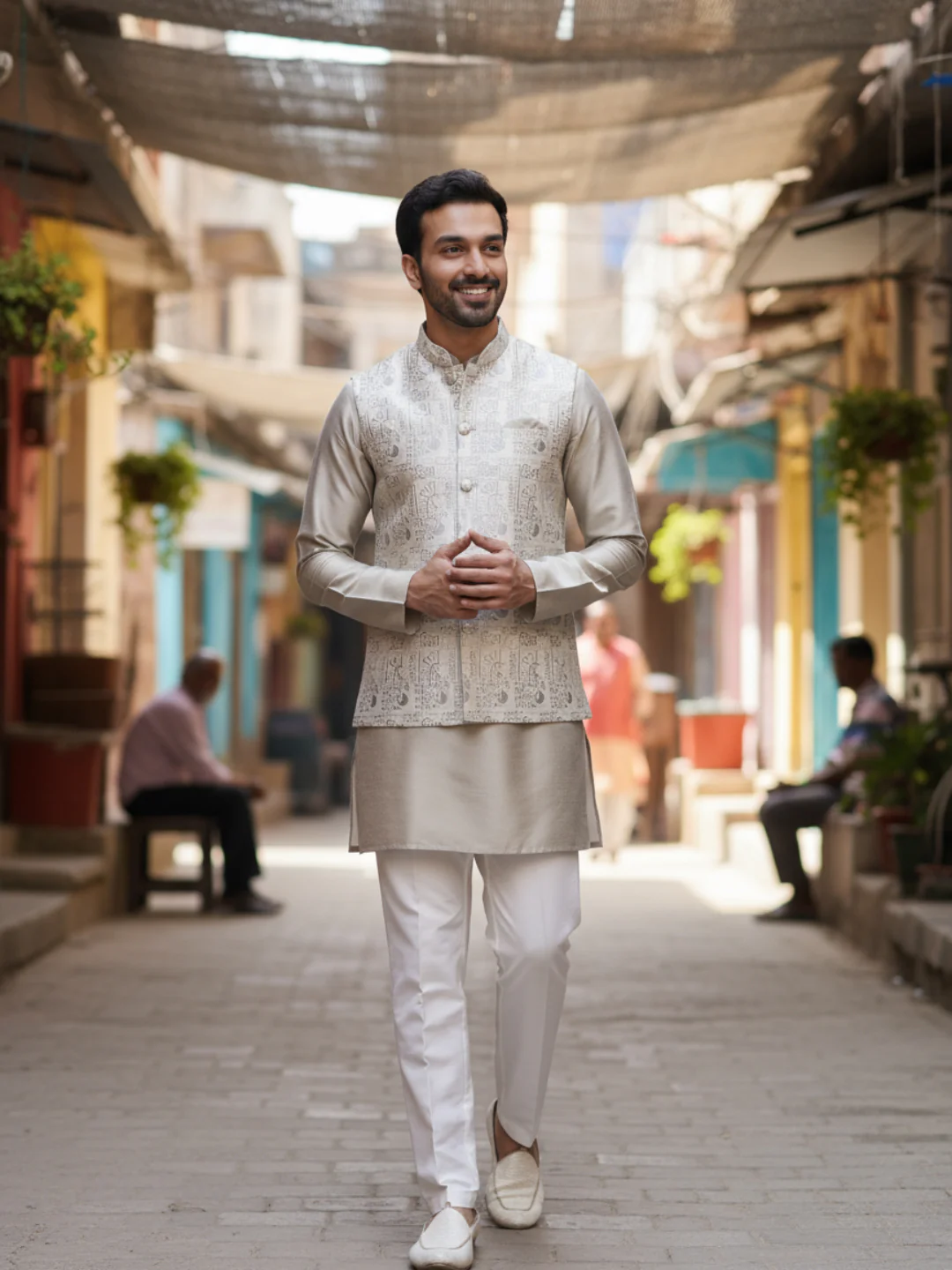 Beige Jacquard Kurta Jacket Set - Image 2