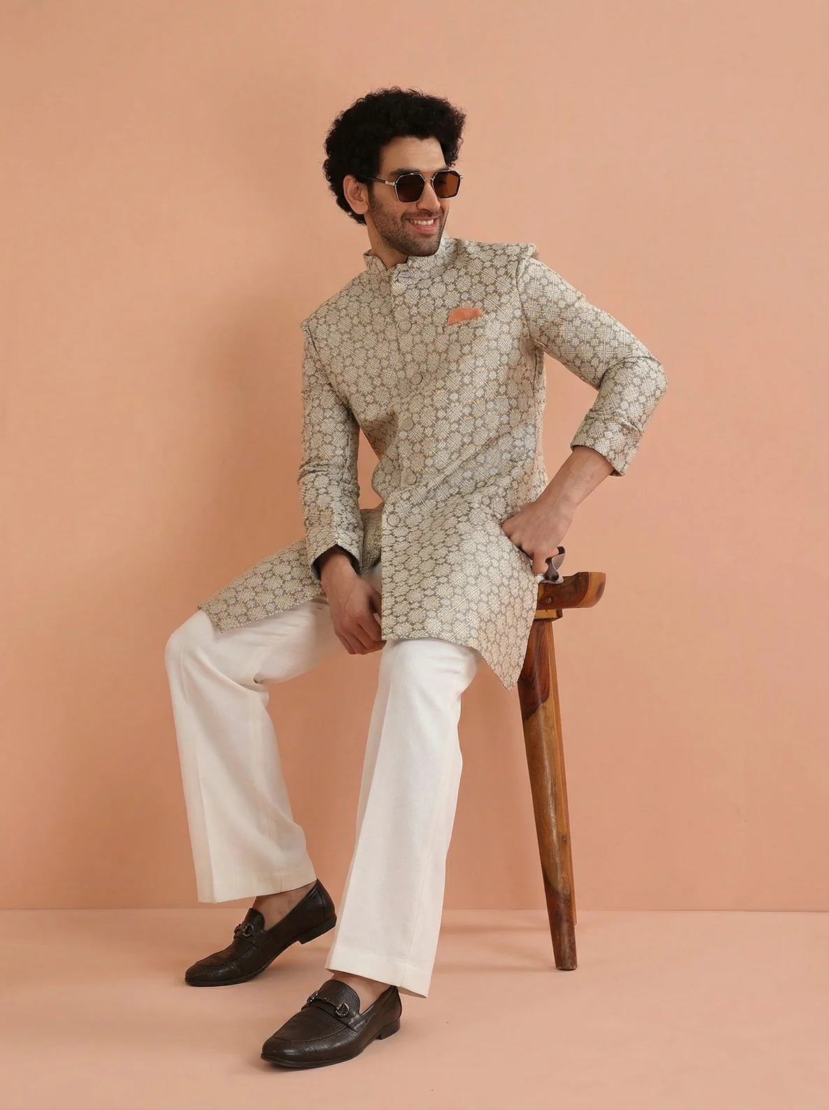 Grey Silk Blend Textured Sherwani Wide Leg Trouser Set