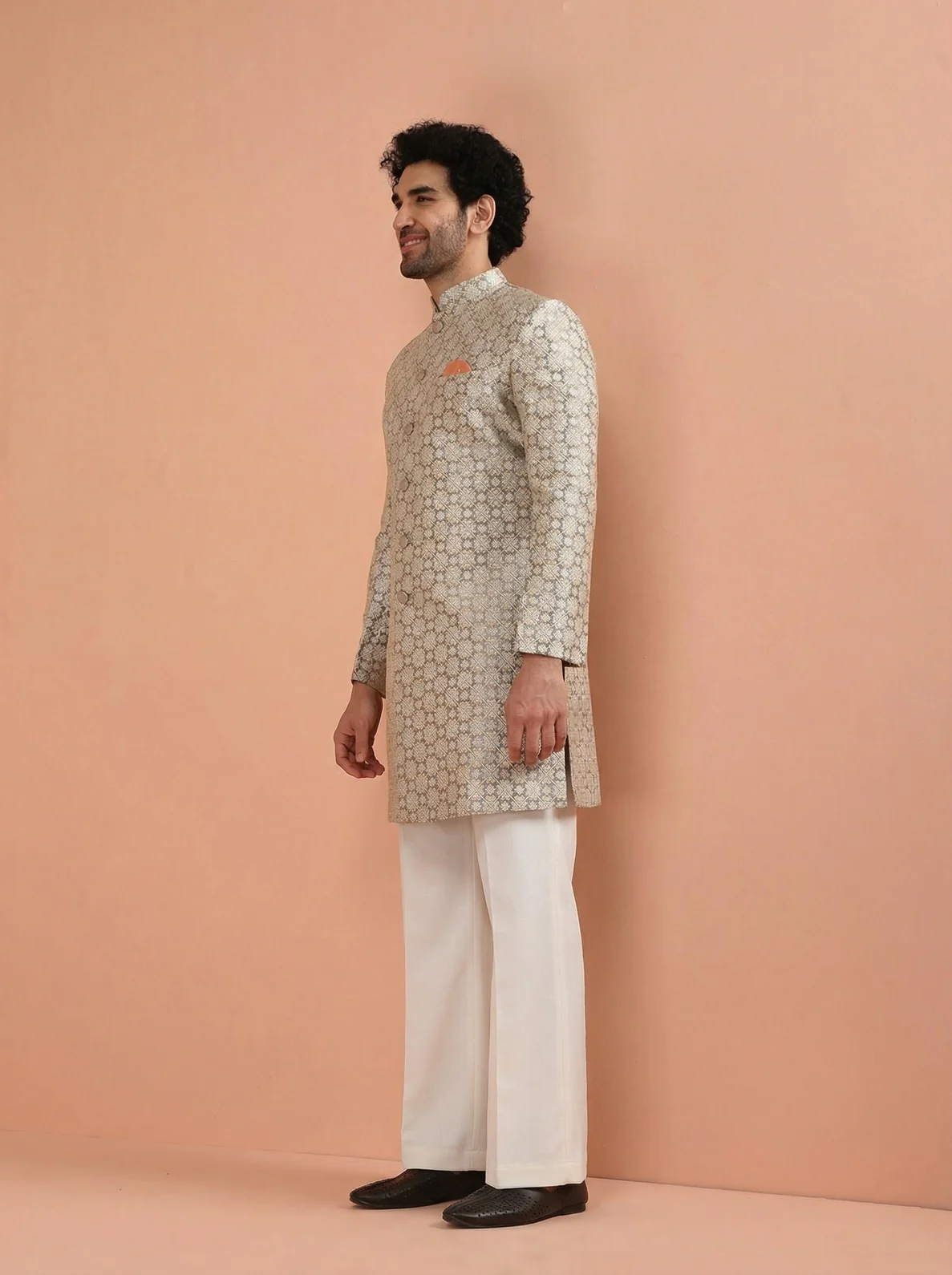 Grey Silk Blend Textured Sherwani Wide Leg Trouser Set - Image 2