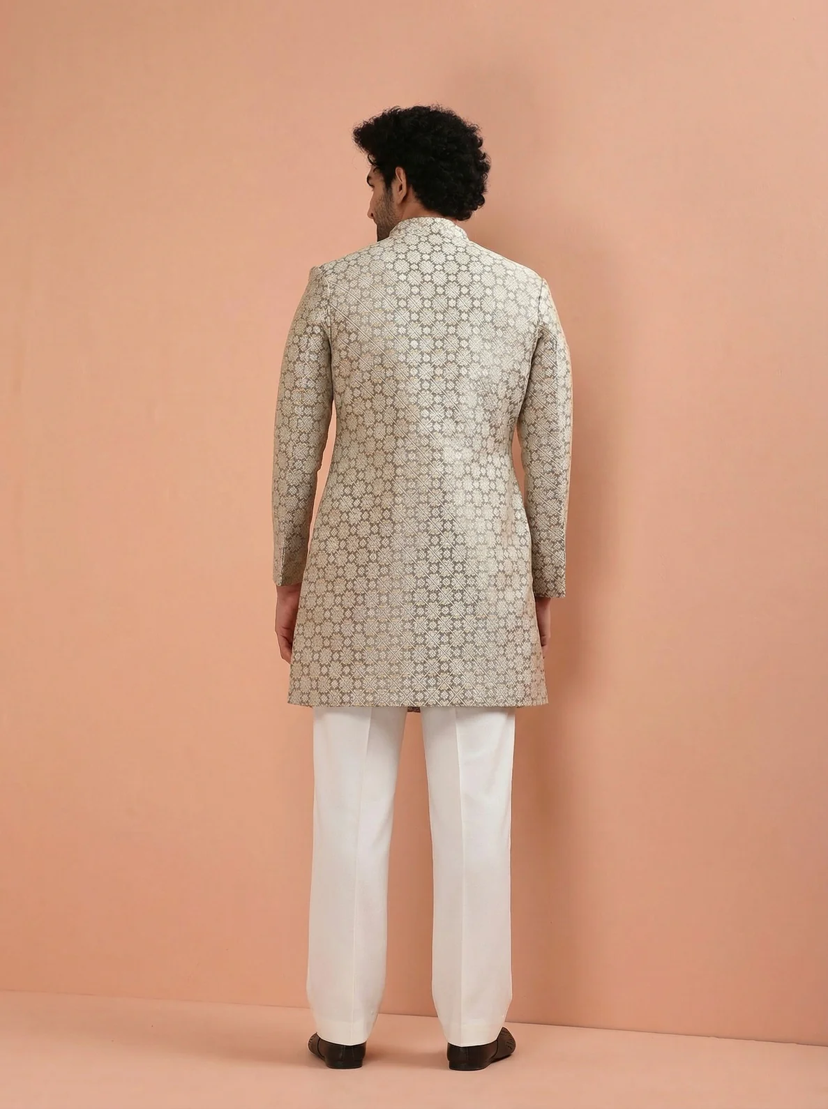 Grey Silk Blend Textured Sherwani Wide Leg Trouser Set - Image 3