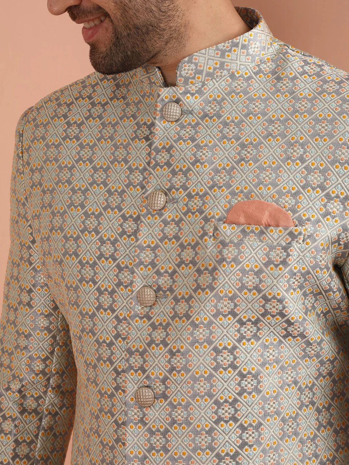 Grey Silk Blend Textured Sherwani Wide Leg Trouser Set - Image 4