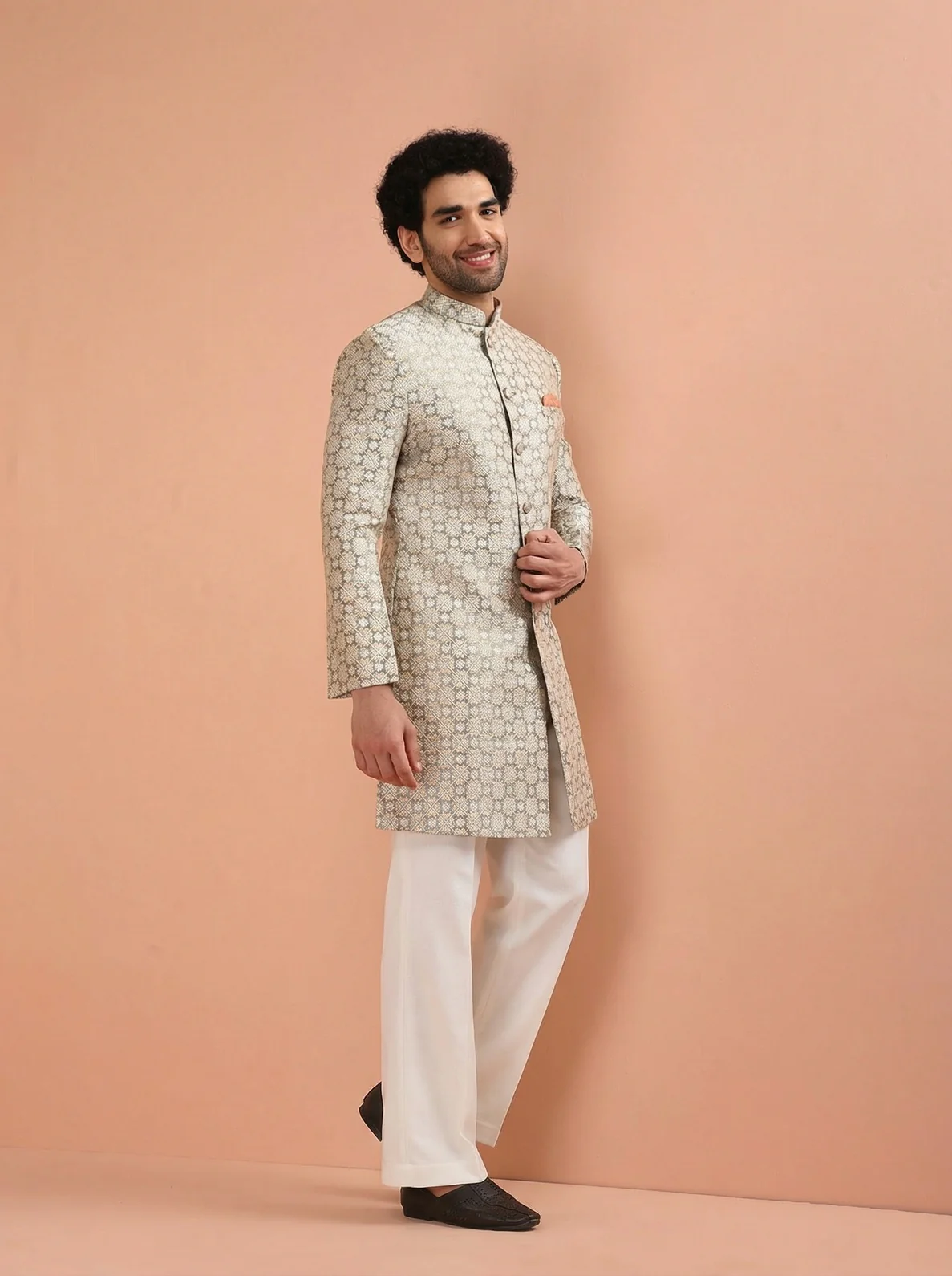 Grey Silk Blend Textured Sherwani Wide Leg Trouser Set - Image 6