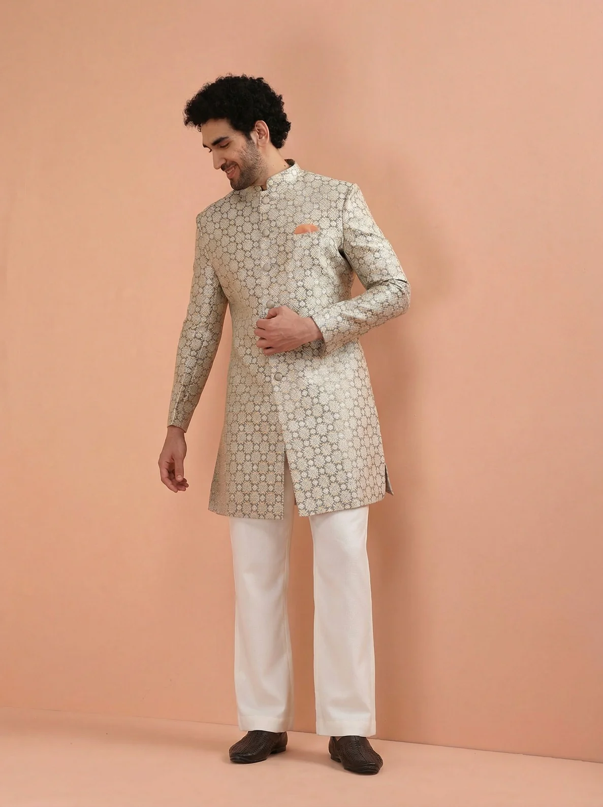 Grey Silk Blend Textured Sherwani Wide Leg Trouser Set - Image 7