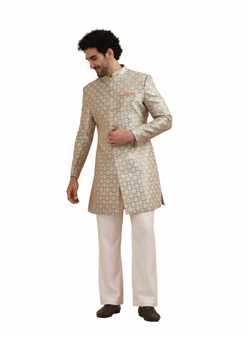Grey Silk Blend Textured Sherwani Wide Leg Trouser Set - Image 8