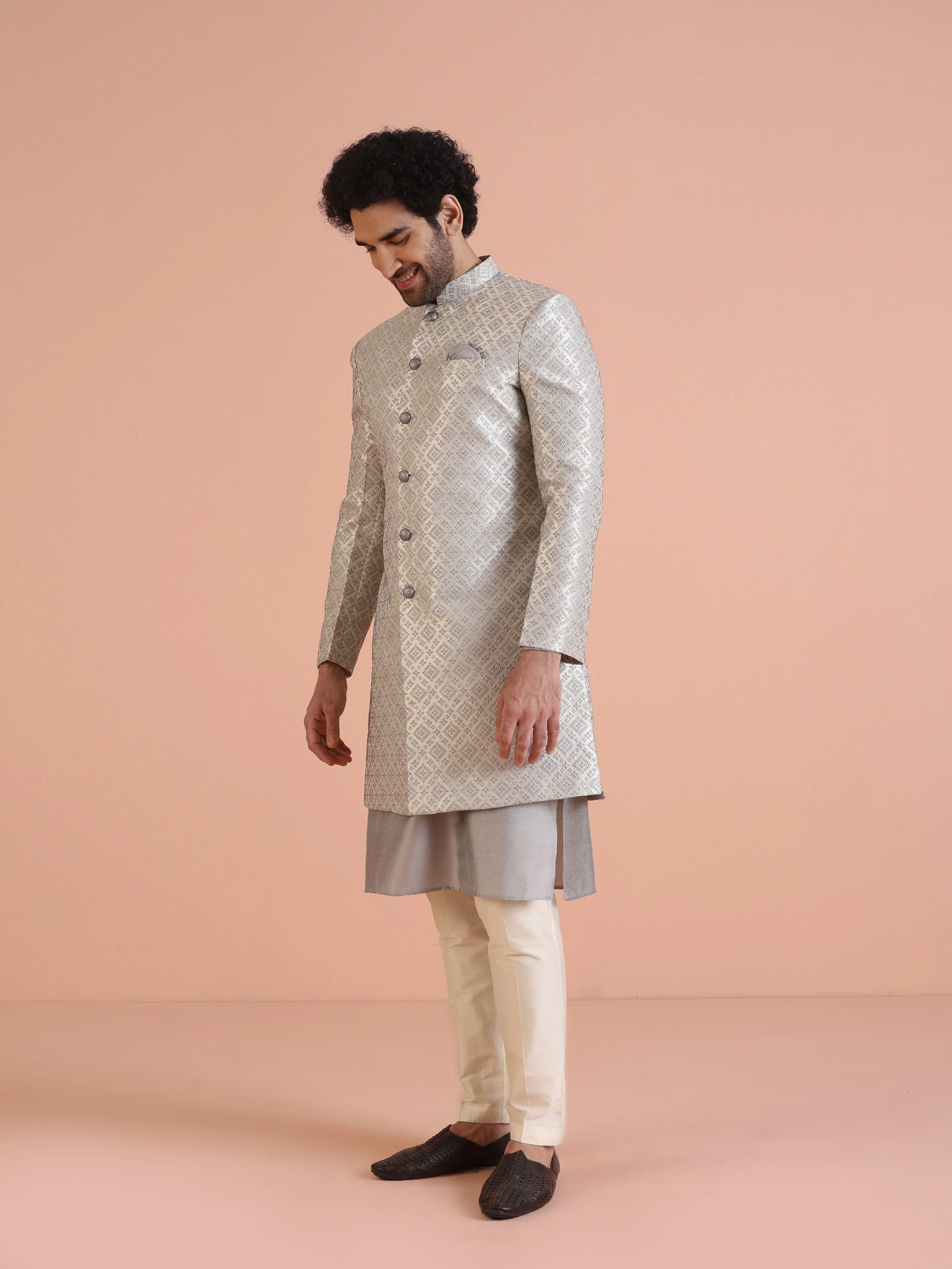 Grey Silk Blend Woven Sherwani Kurta Trouser Set - Image 4