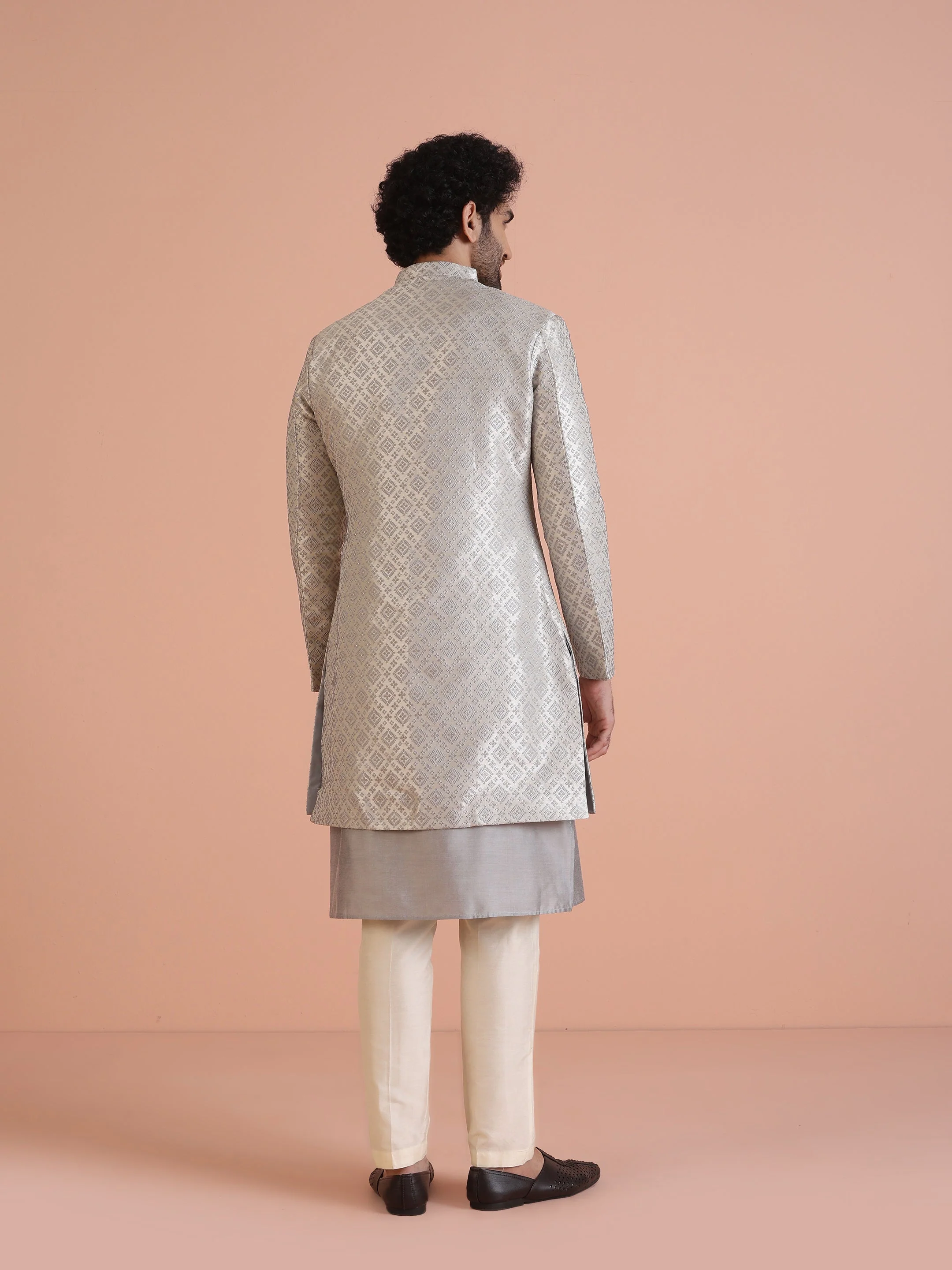 Grey Silk Blend Woven Sherwani Kurta Trouser Set - Image 5