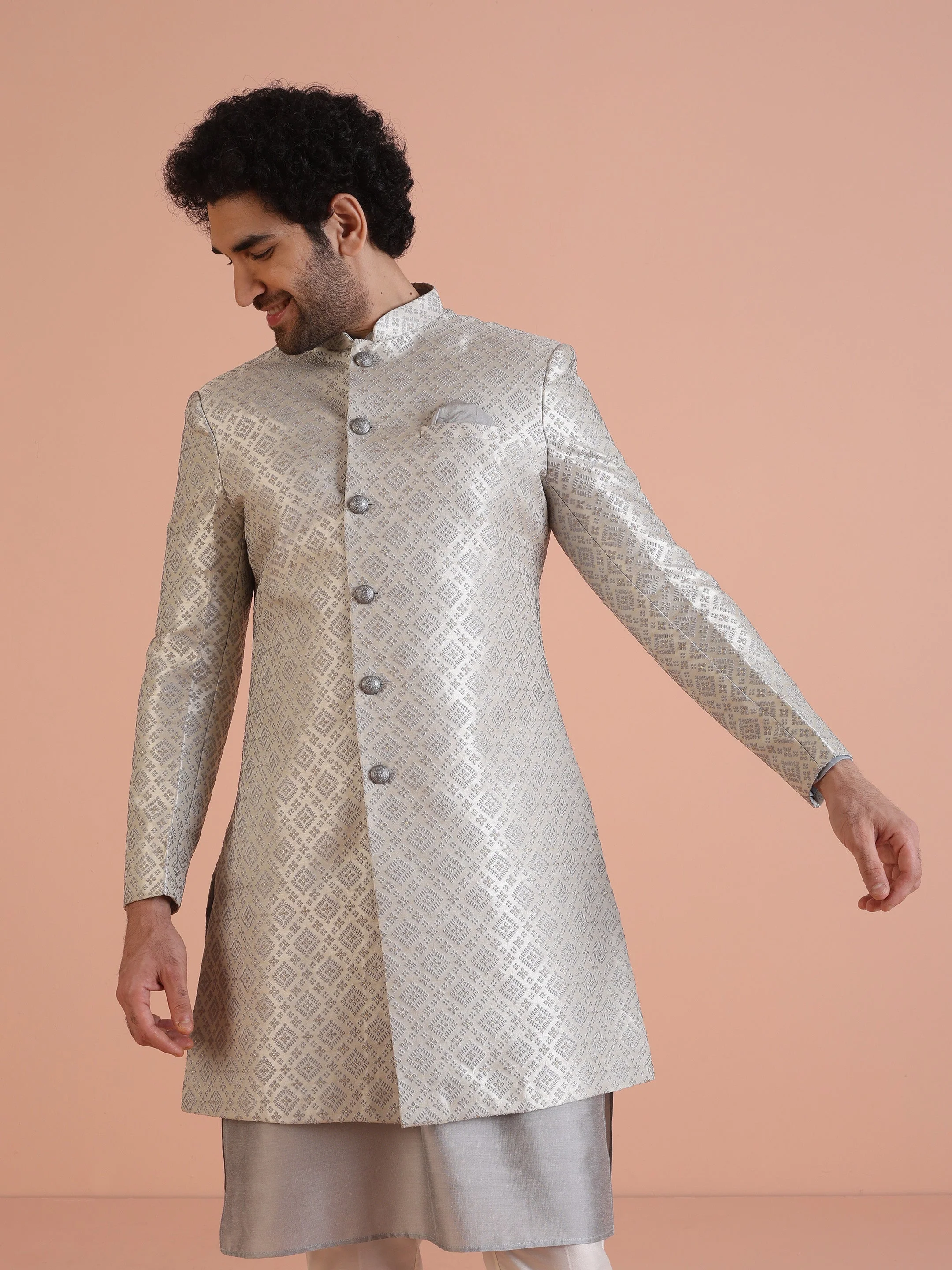 Grey Silk Blend Woven Sherwani Kurta Trouser Set - Image 9