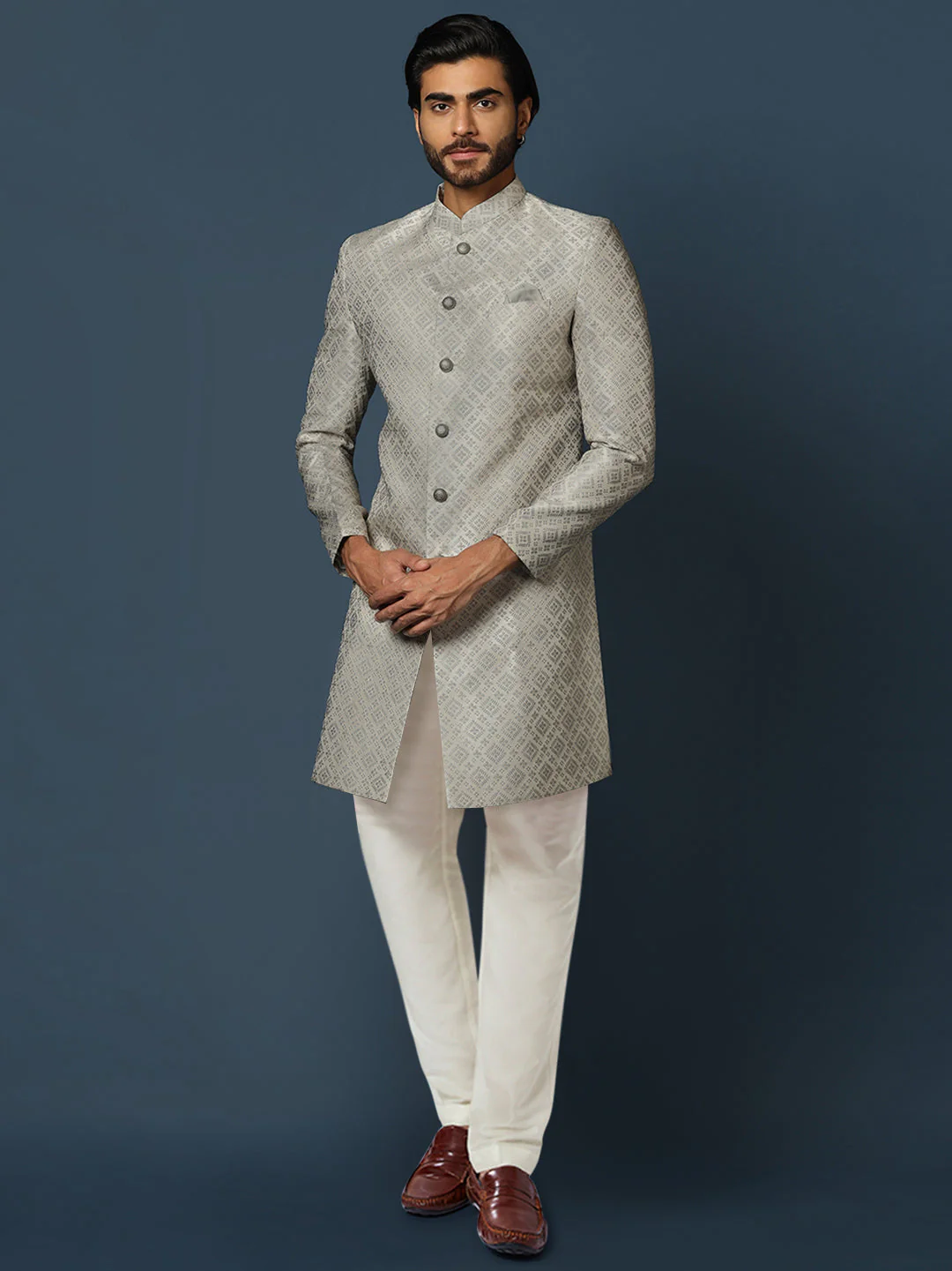 Grey Textured Sherwani Churidar Set - Image 7