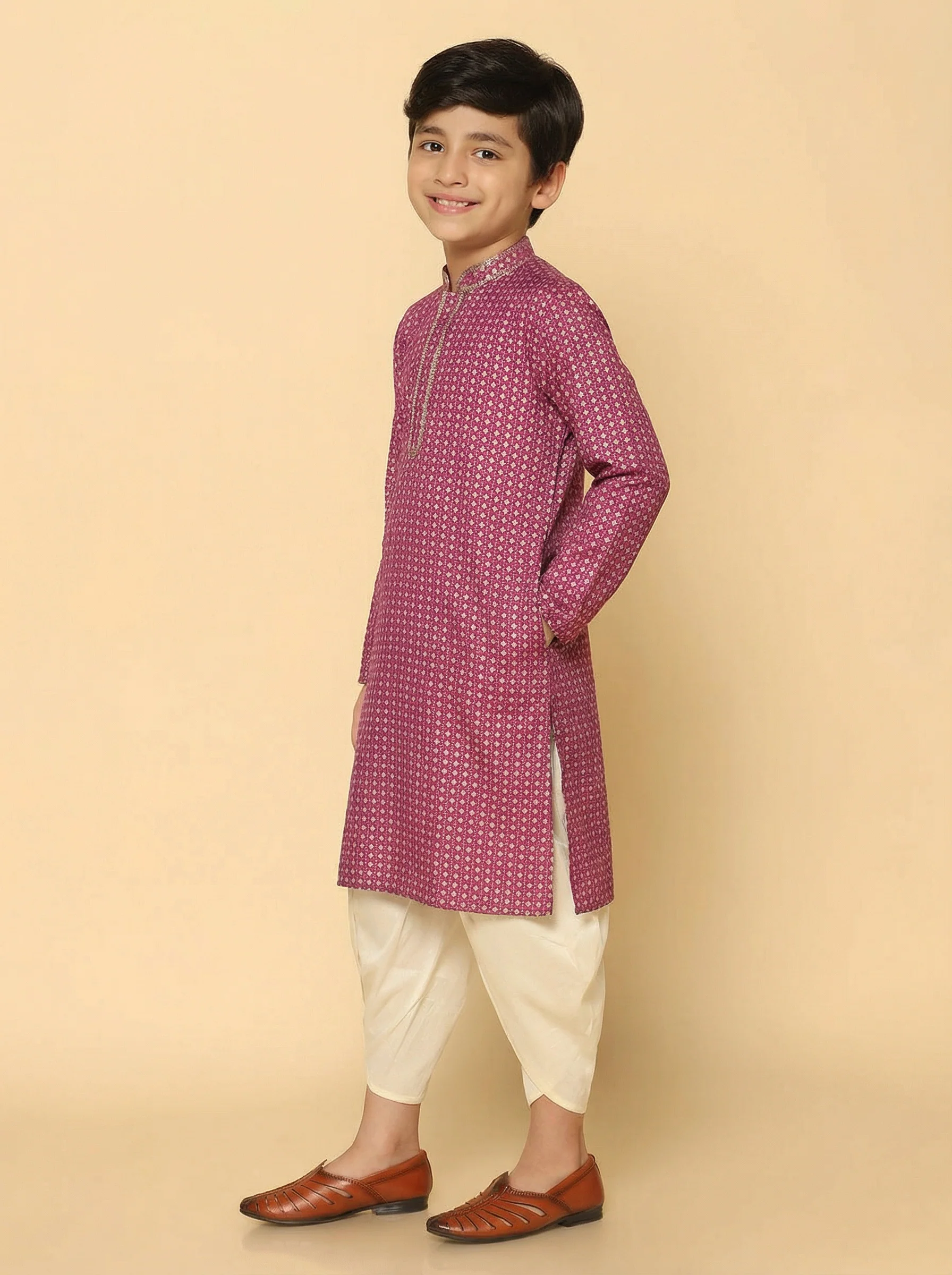 Hot Pink Cotton Blend Printed Kurta Dhoti Set - Image 2