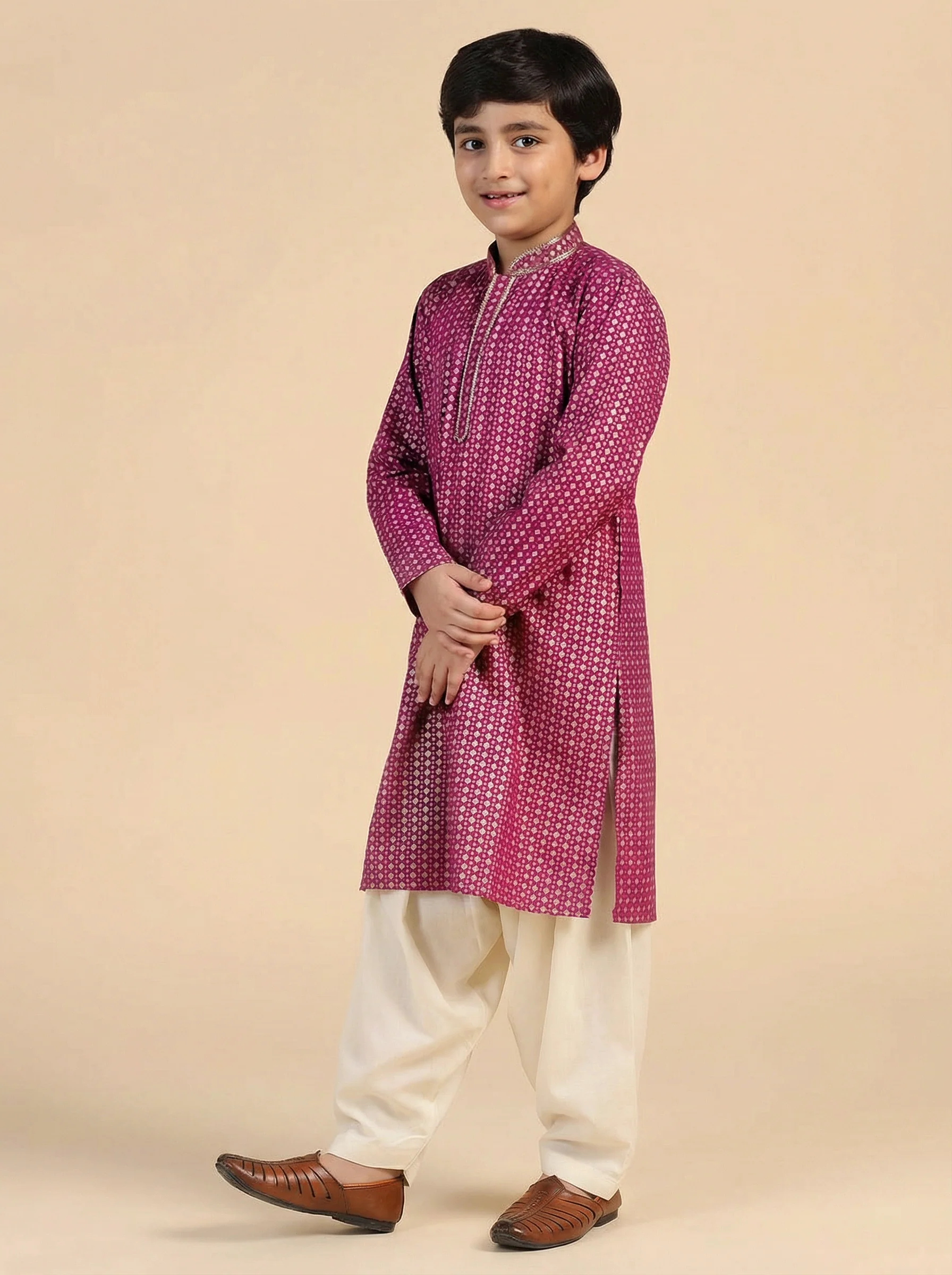 Hot Pink Cotton Blend Printed Kurta Pyjama Set - Image 2