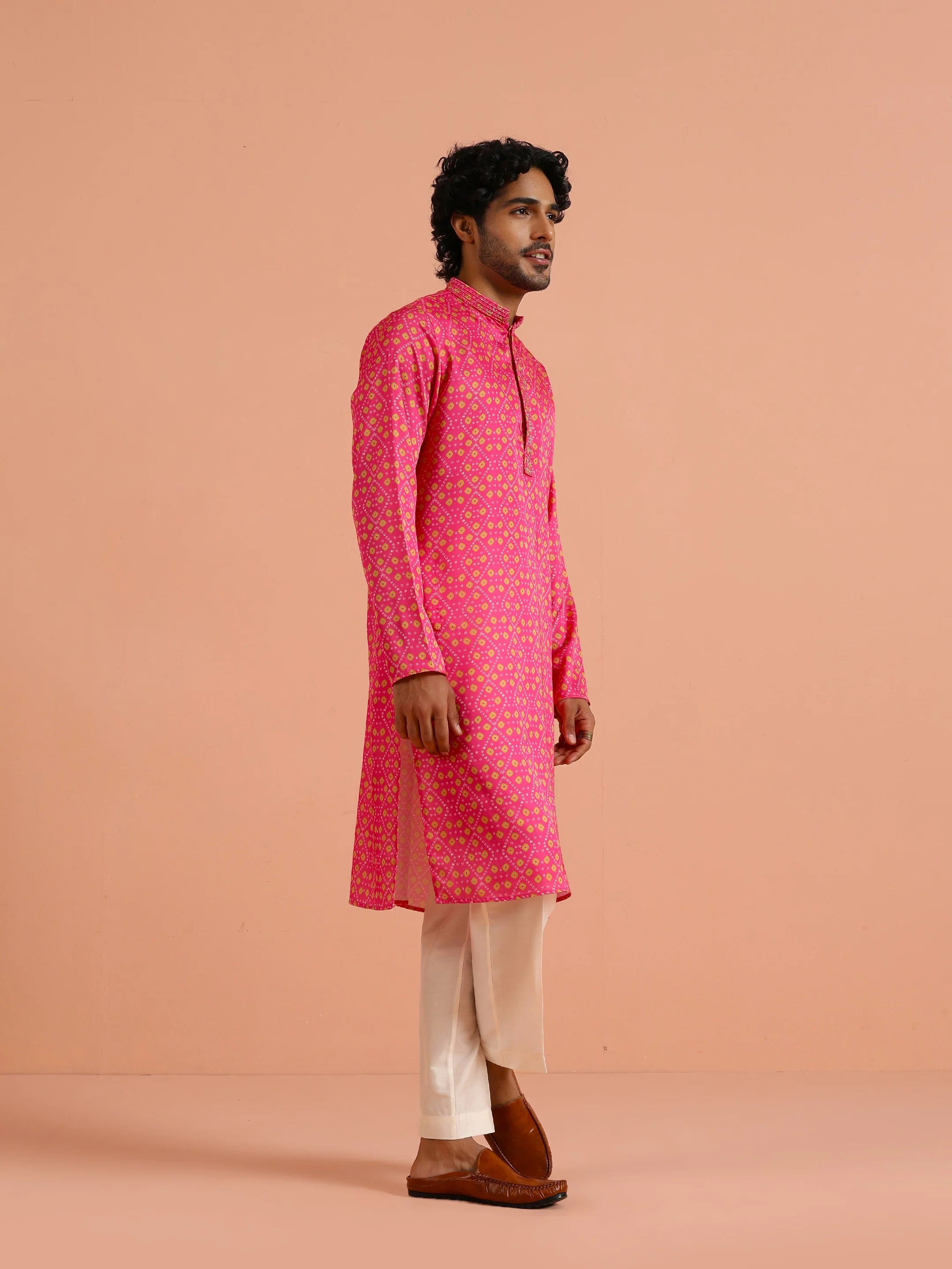 Hot Pink Art Silk Printed Kurta - Image 3