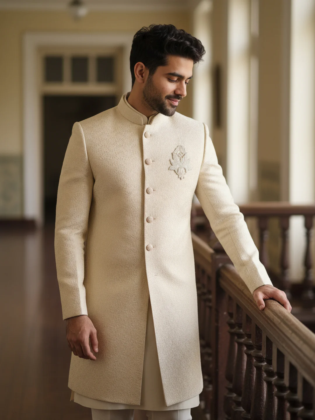 Ivory Embroidered Front Open Sherwani Trouser Set - Image 2