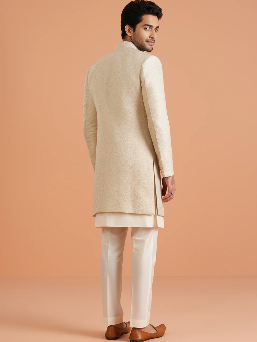 Ivory Embroidered Front Open Sherwani Trouser Set - Image 3