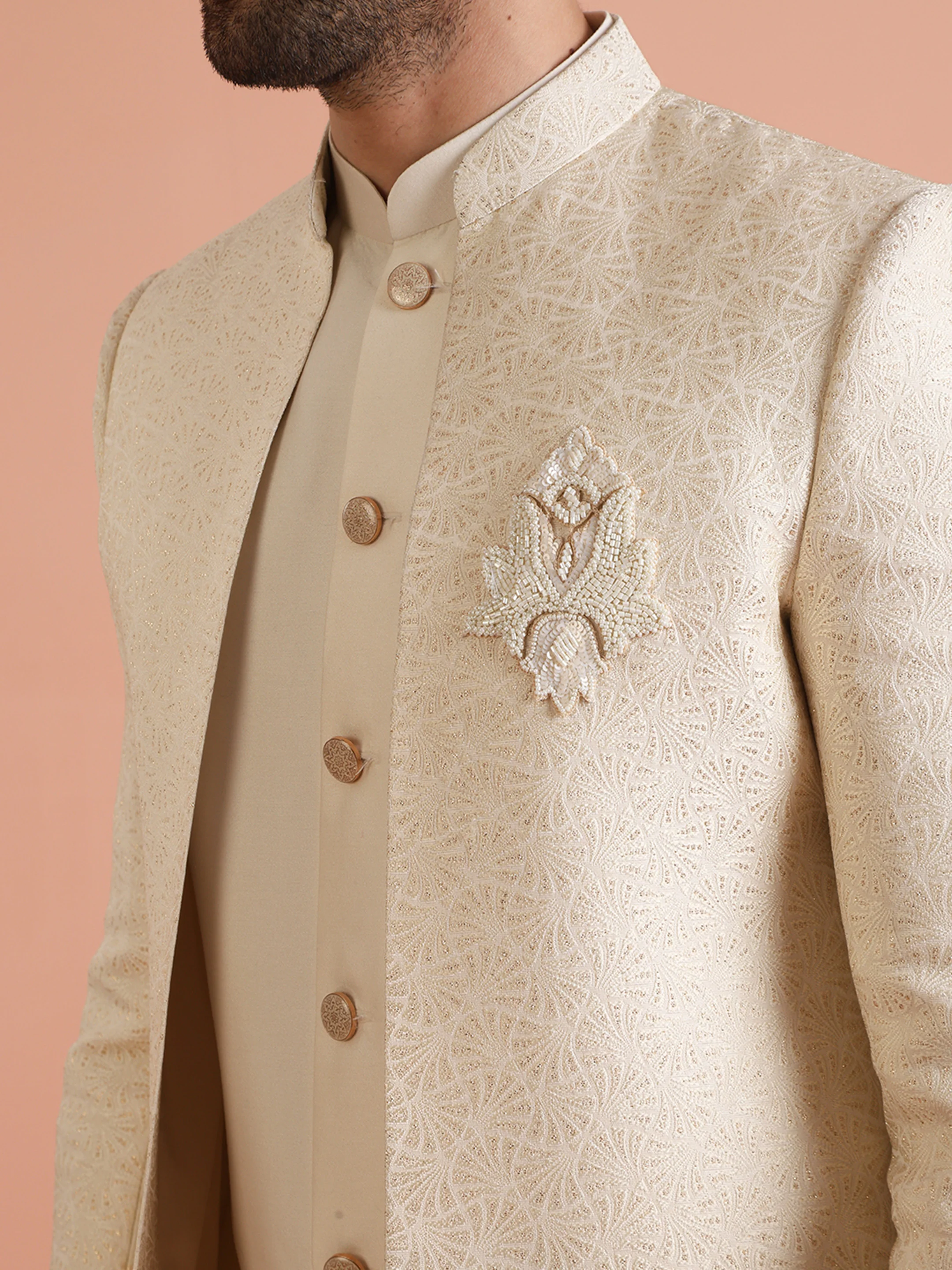 Ivory Embroidered Front Open Sherwani Trouser Set - Image 4