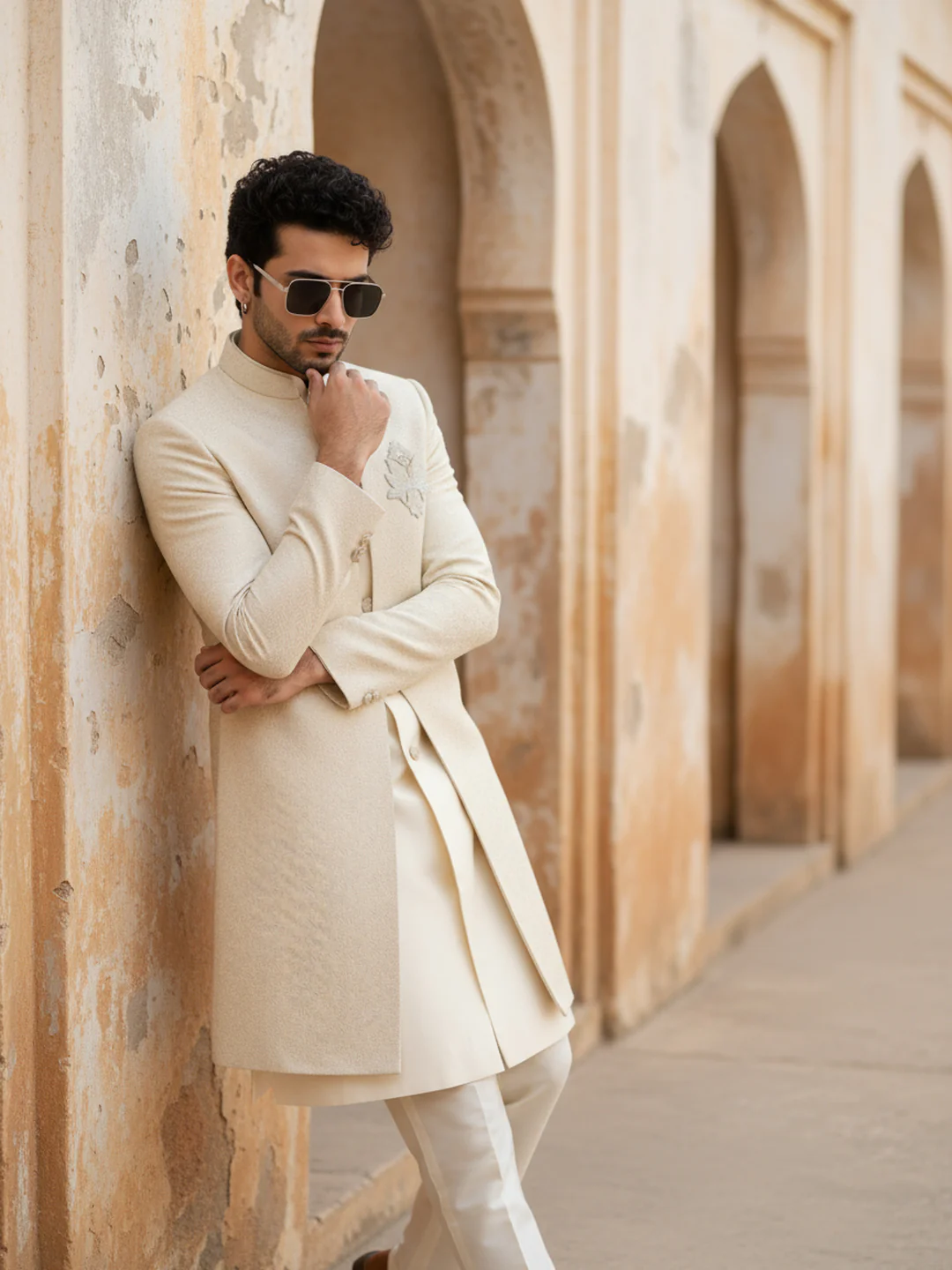 Ivory Embroidered Front Open Sherwani Trouser Set - Image 6