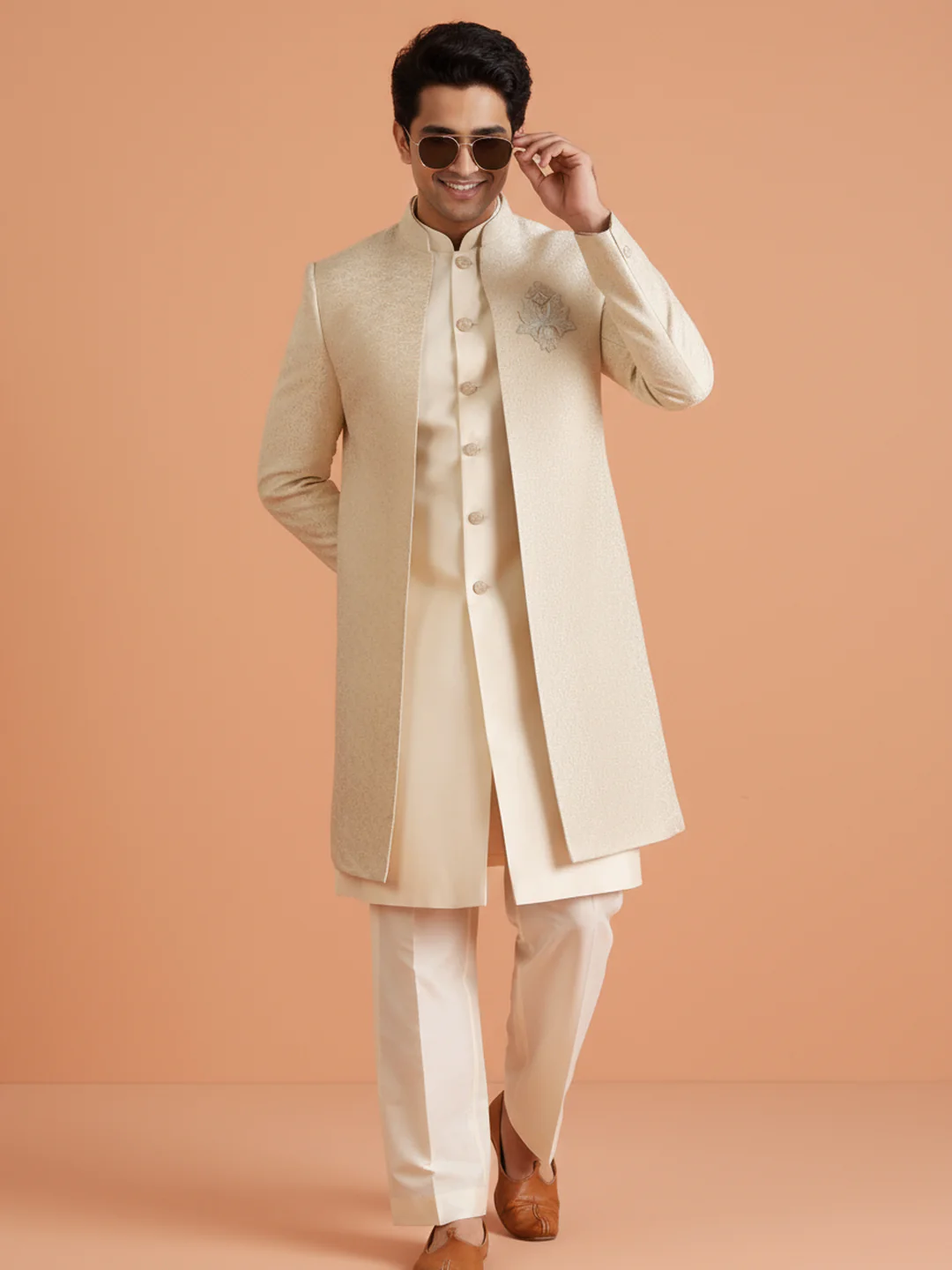 Ivory Embroidered Front Open Sherwani Trouser Set - Image 7