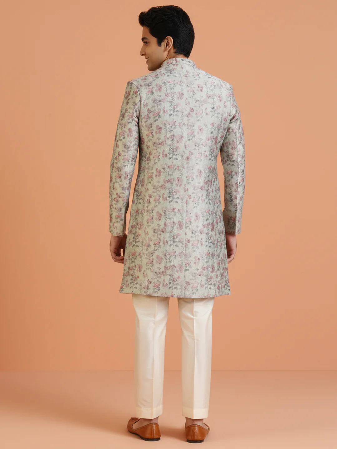 Ivory Floral Printed Sherwani Trouser Set - Image 3