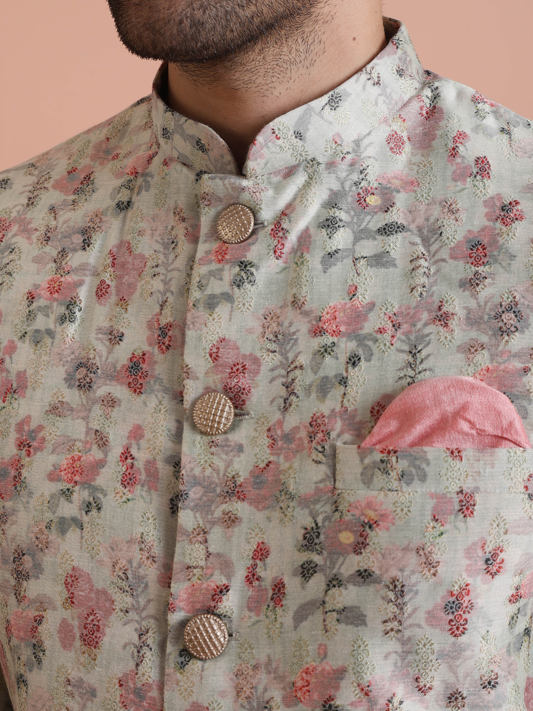 Ivory Floral Printed Sherwani Trouser Set - Image 4