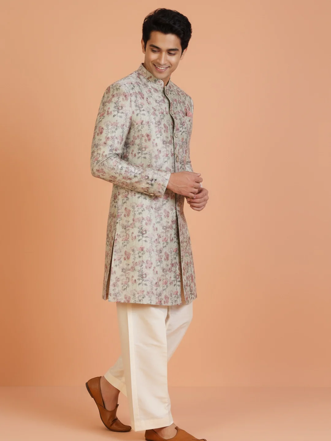Ivory Floral Printed Sherwani Trouser Set - Image 6