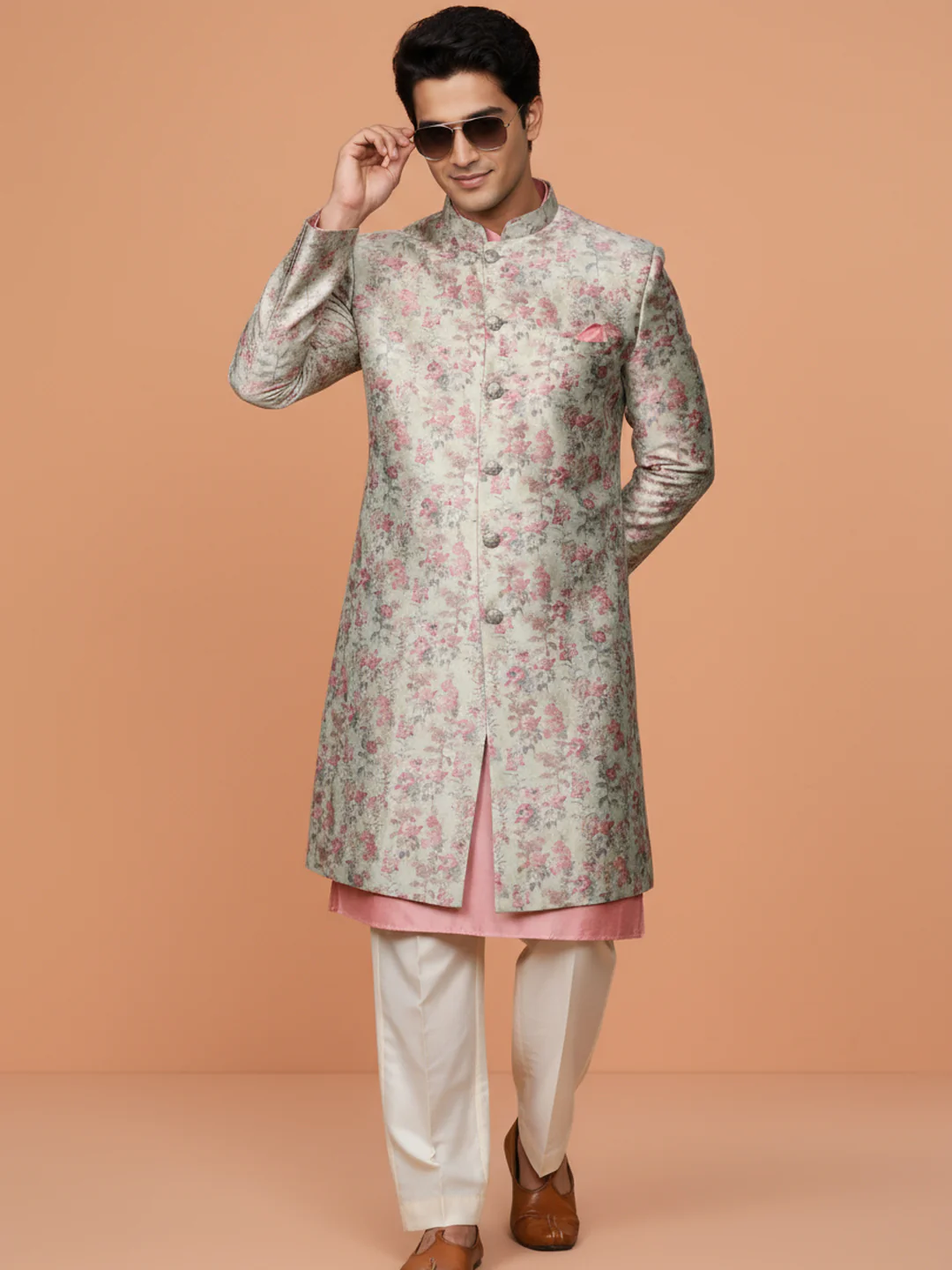 Ivory Floral Sherwani Kurta Trouser Set