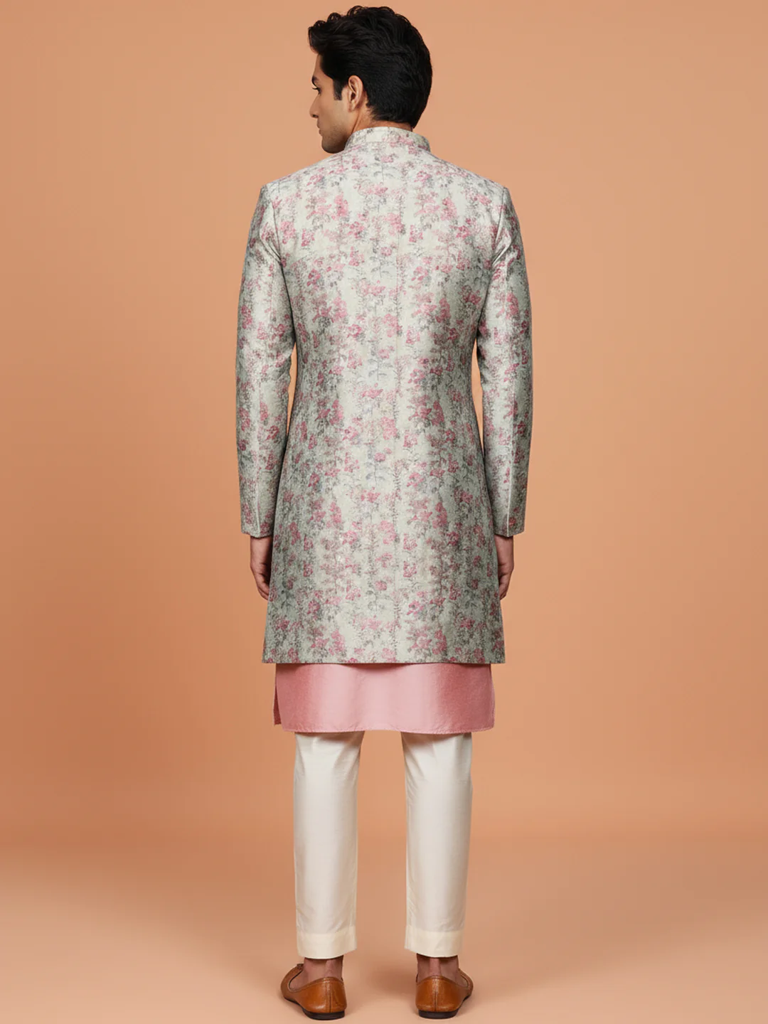 Ivory Floral Sherwani Kurta Trouser Set - Image 3