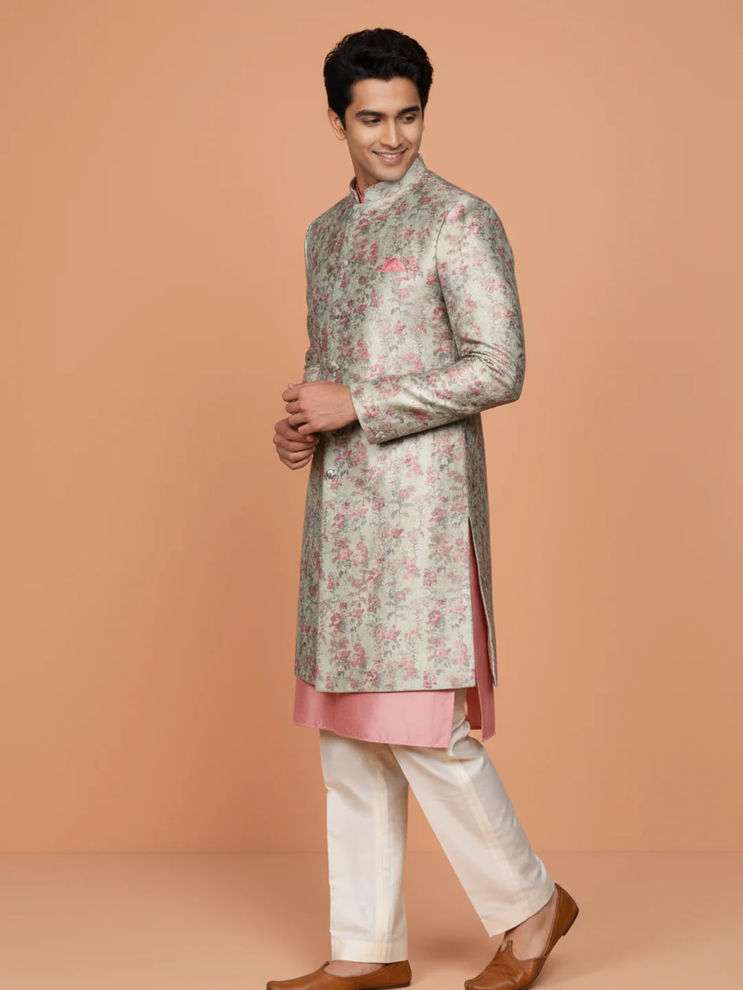 Ivory Floral Sherwani Kurta Trouser Set - Image 6